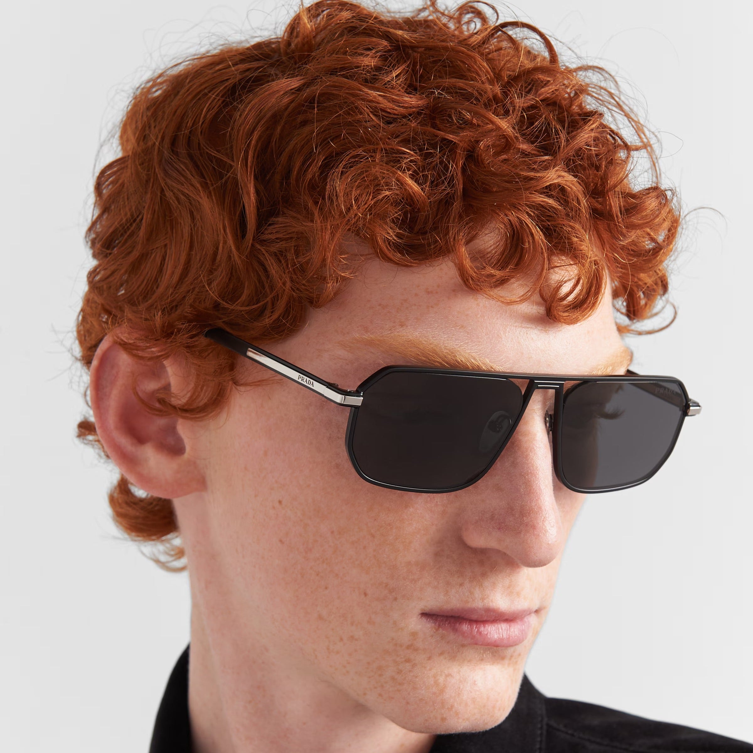 Prada Men Geometric Frame Opaque Black Sunglasses