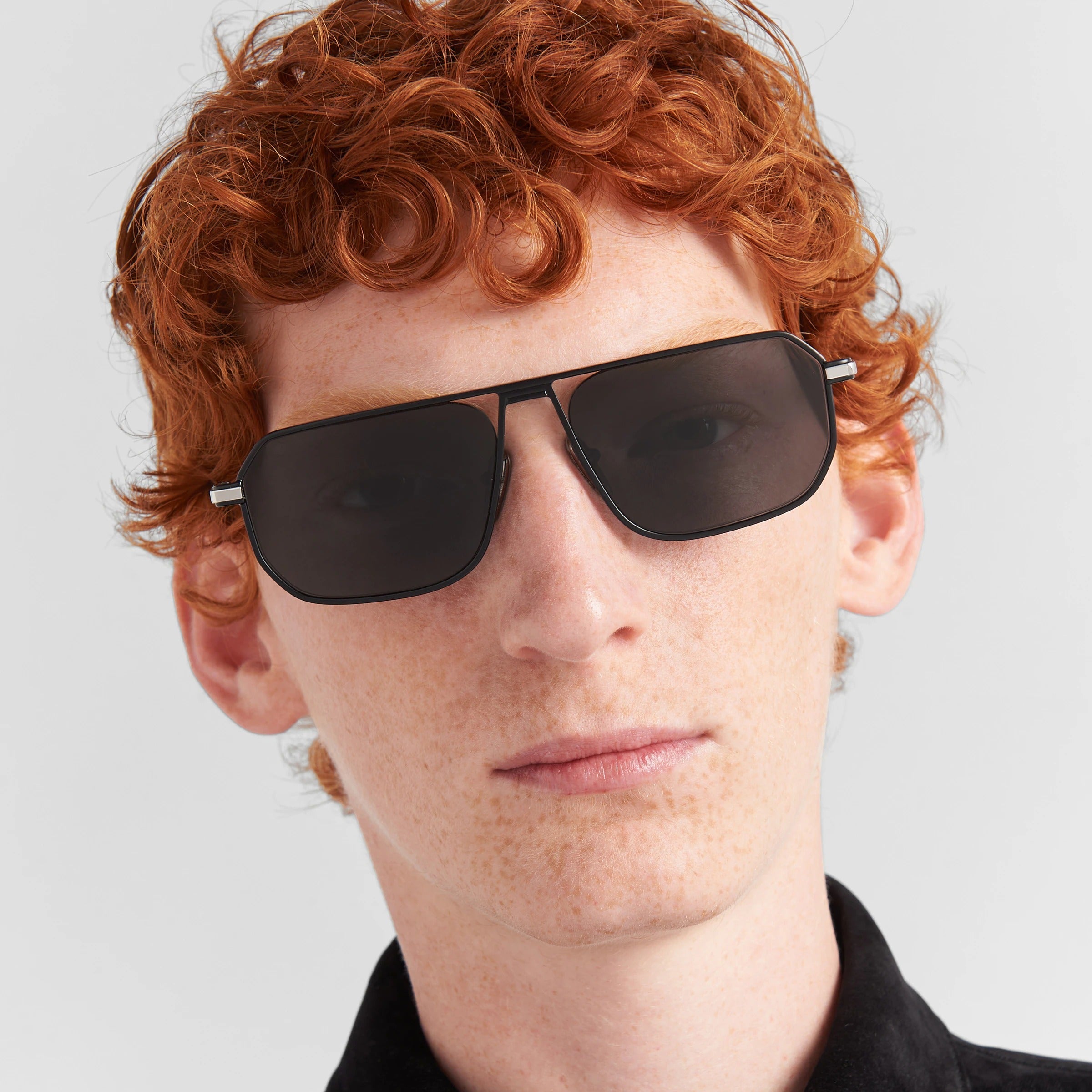 Prada Men Geometric Frame Opaque Black Sunglasses