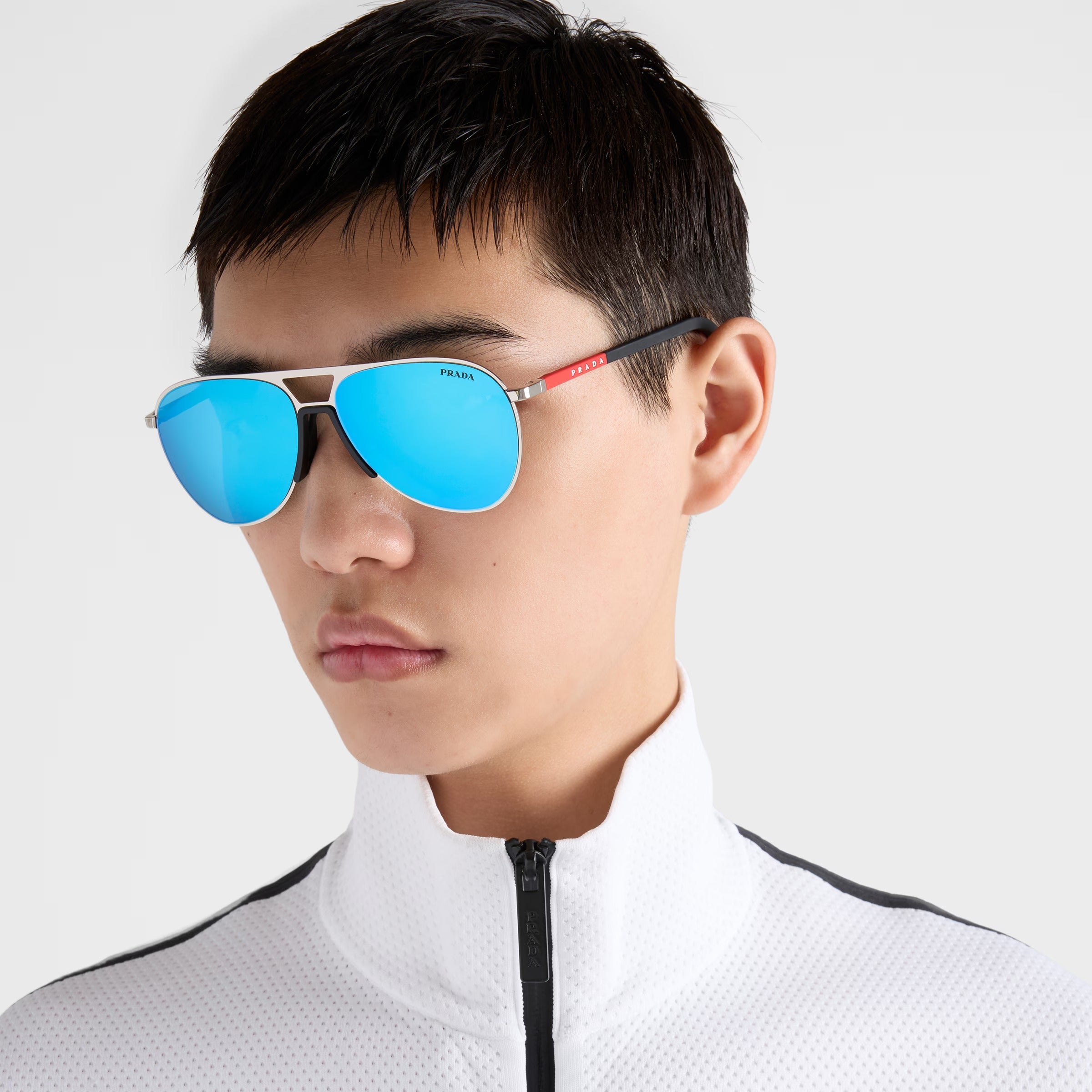 Prada Men Pilot Frame Shiny Silver Sunglasses