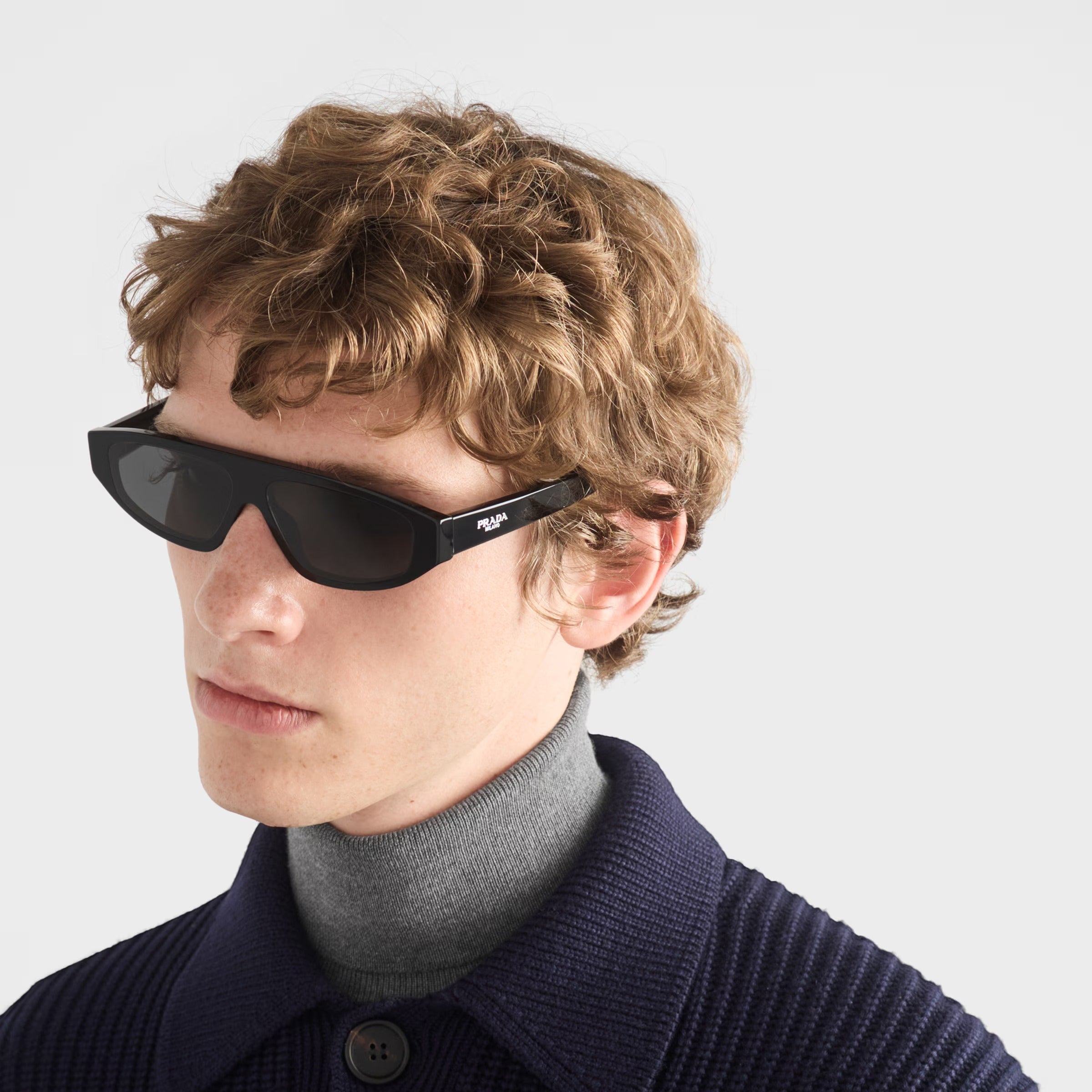 Prada Men Rectangular Frame Deep Black Sunglasses