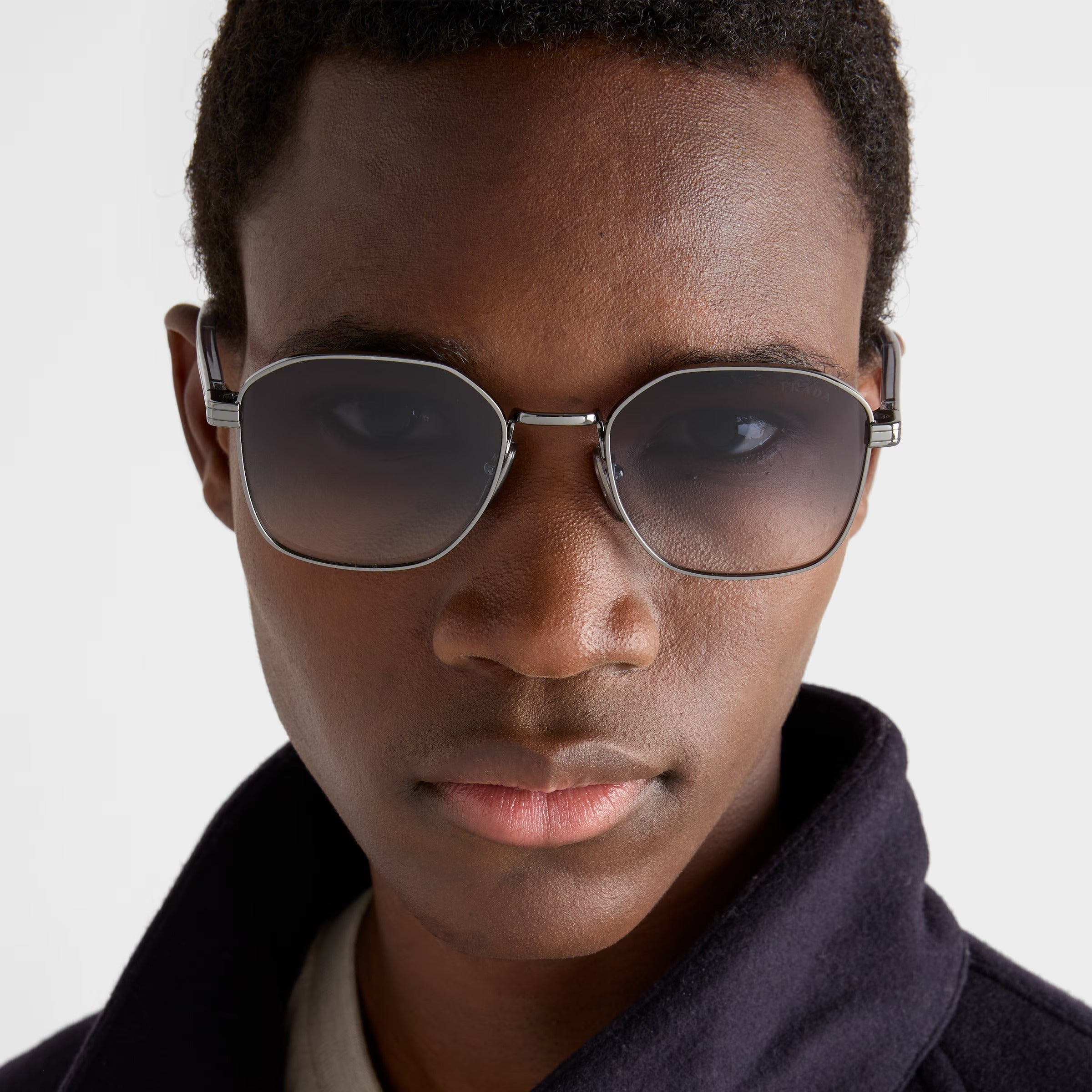 Prada Men Rectangular Frame Shiny Lead Gray Sunglasses