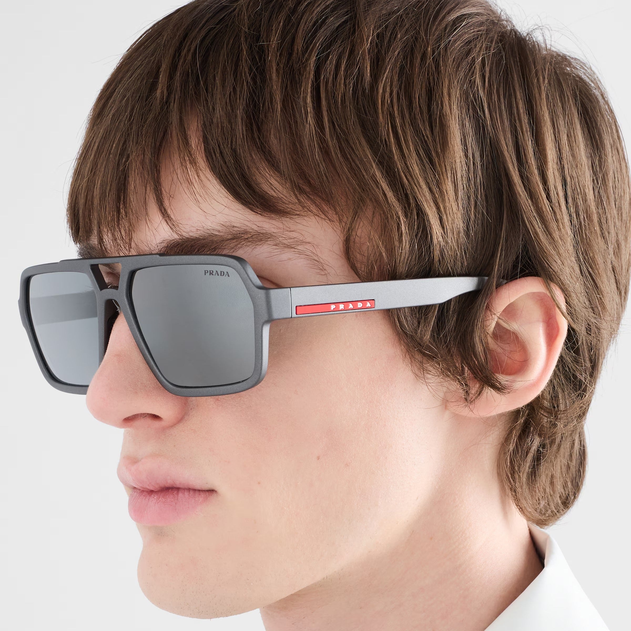 Prada Men Rectangular Frame Matte Metallic Gray Sunglasses