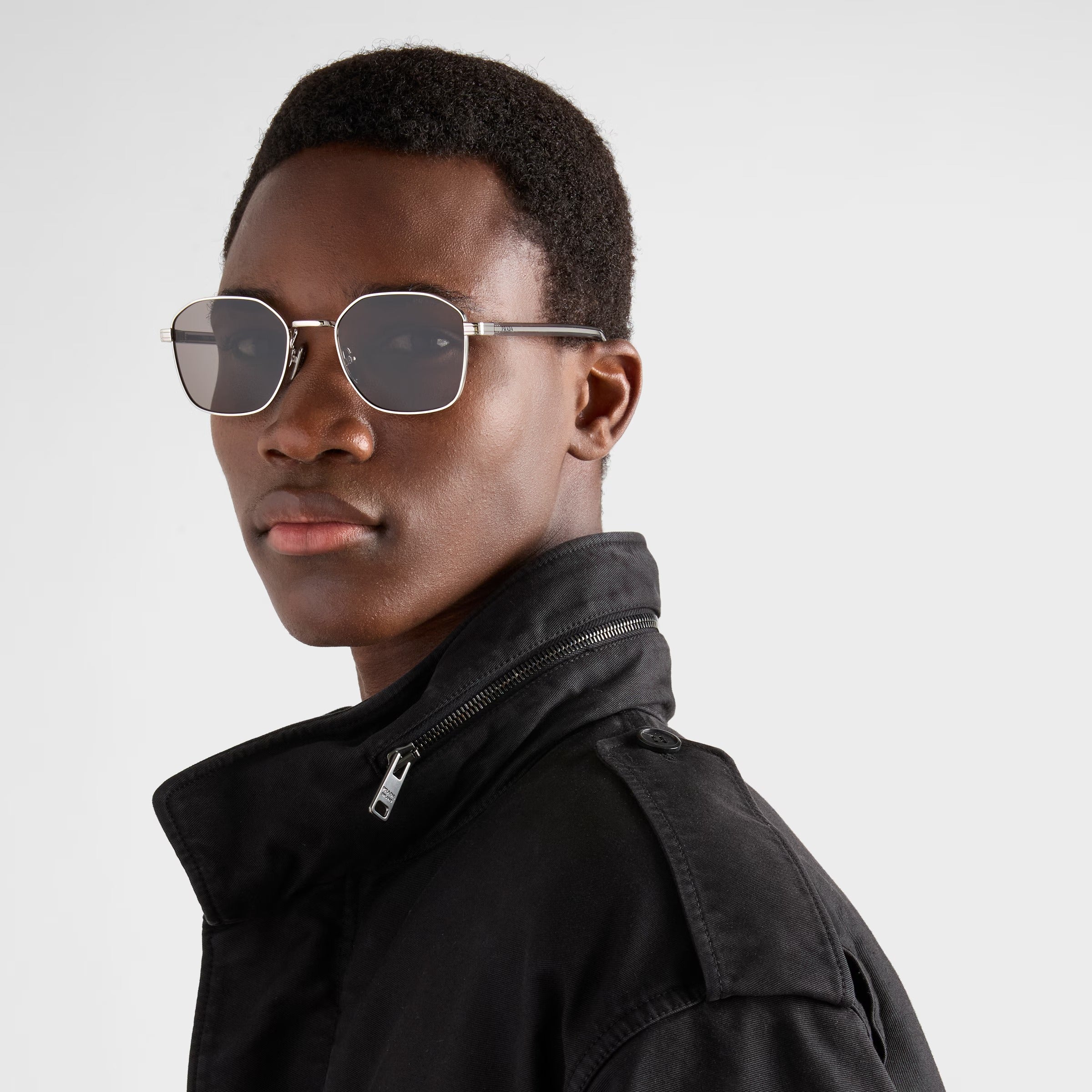 Prada Men Rectangular Frame Shiny Metallic Silver Sunglasses