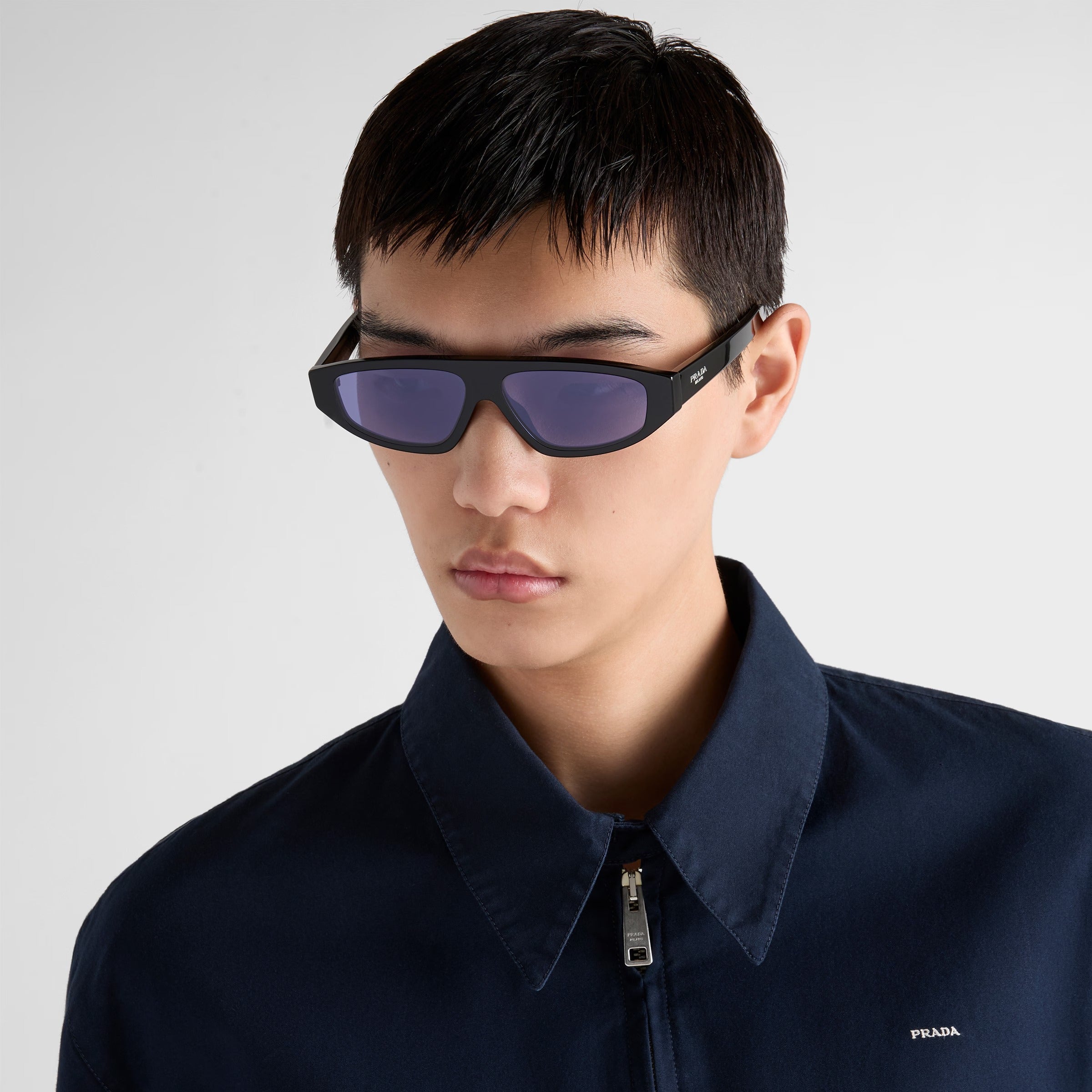 Prada Men Rectangular Frame Shiny Deep Black Sunglasses