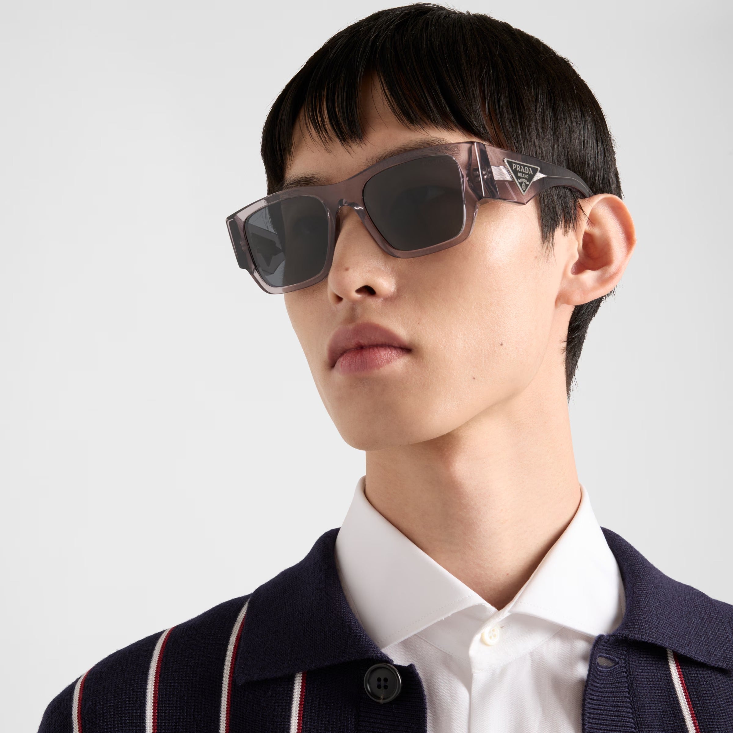 Prada Men Square Frame Transparent Asphalt Gray Sunglasses
