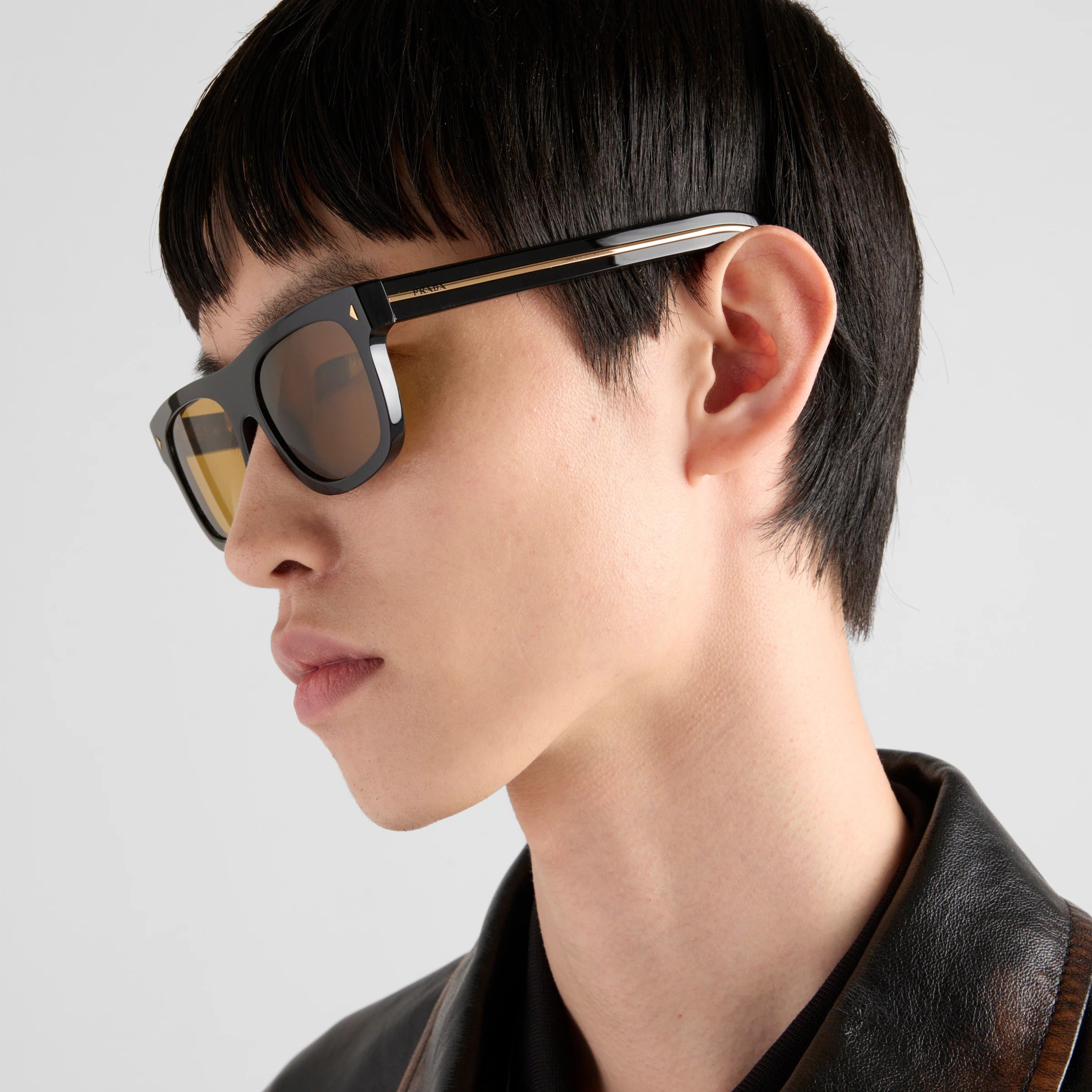 Prada Men Square Frame Shiny Smoky Black Sunglasses