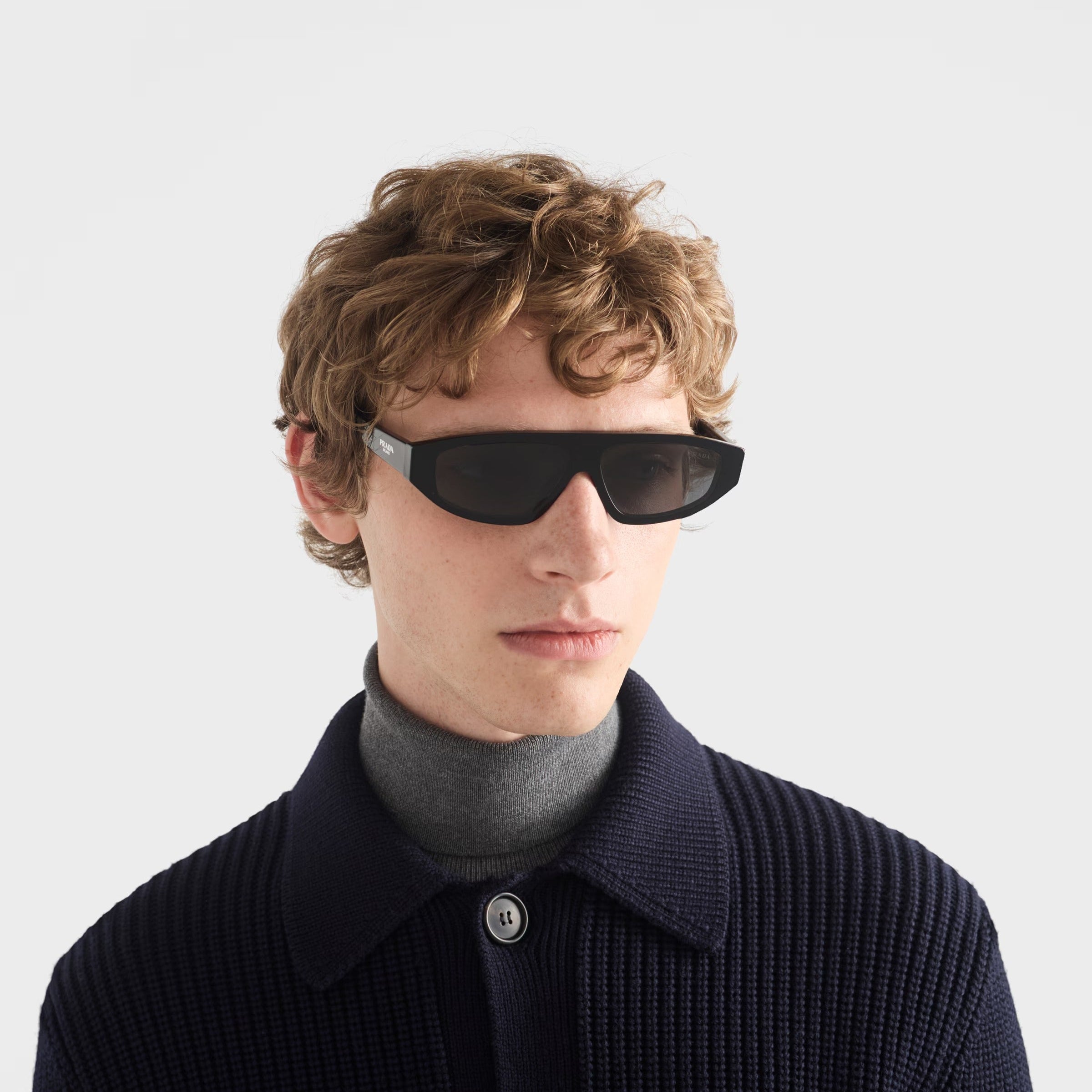 Prada Men Rectangular Frame Deep Black Sunglasses