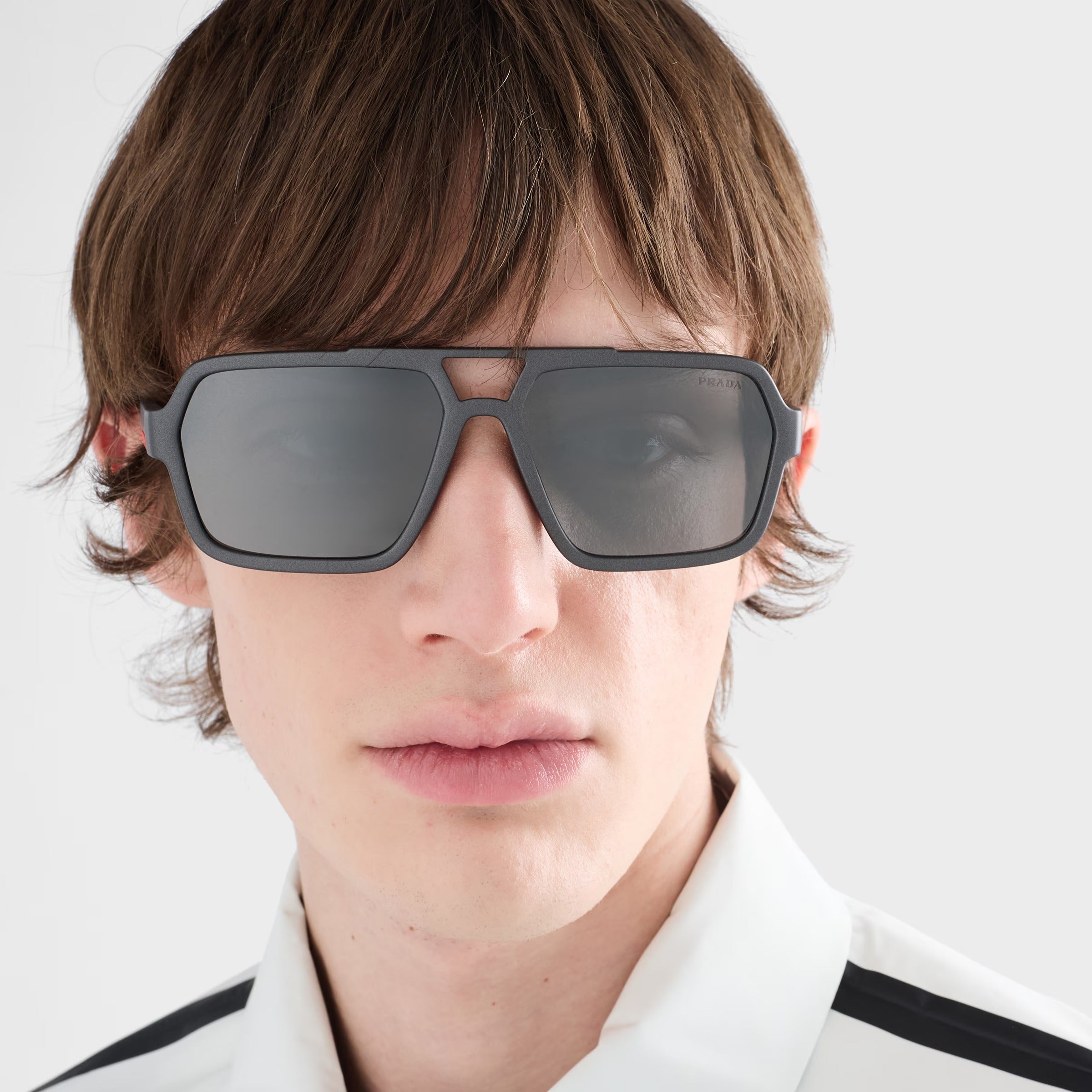 Prada Men Rectangular Frame Matte Metallic Gray Sunglasses