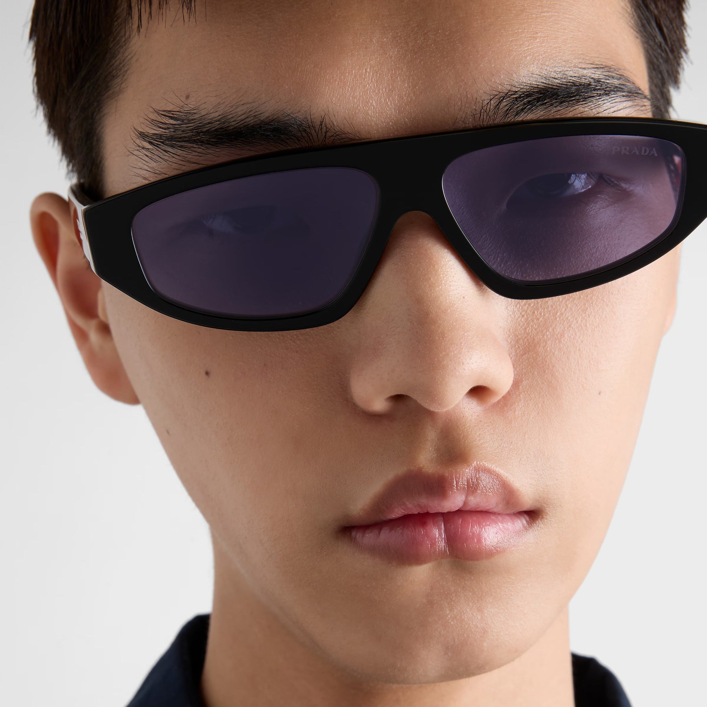 Prada Men Rectangular Frame Shiny Deep Black Sunglasses