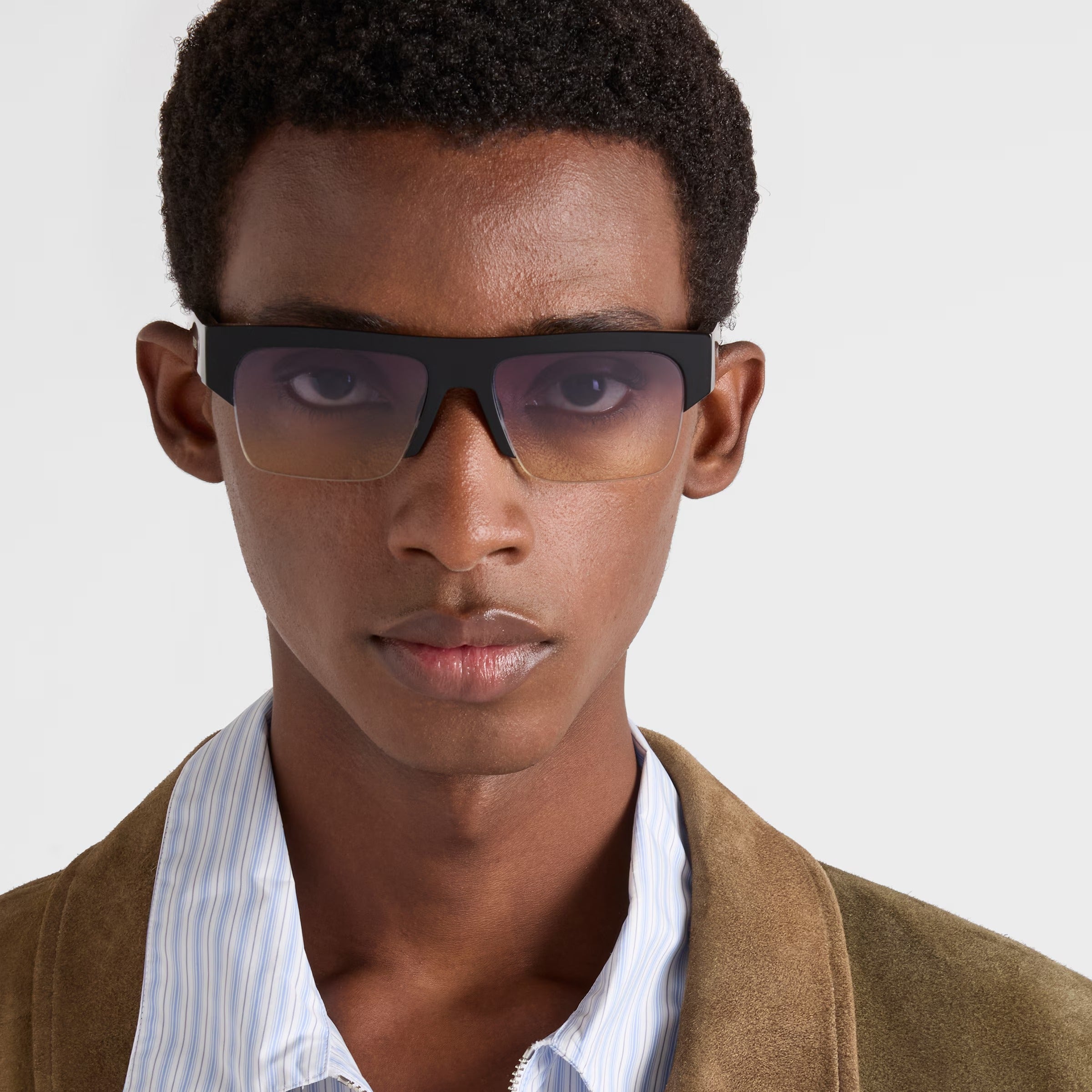 Prada Men Semi-rimless Frame Shiny Black Sunglasses