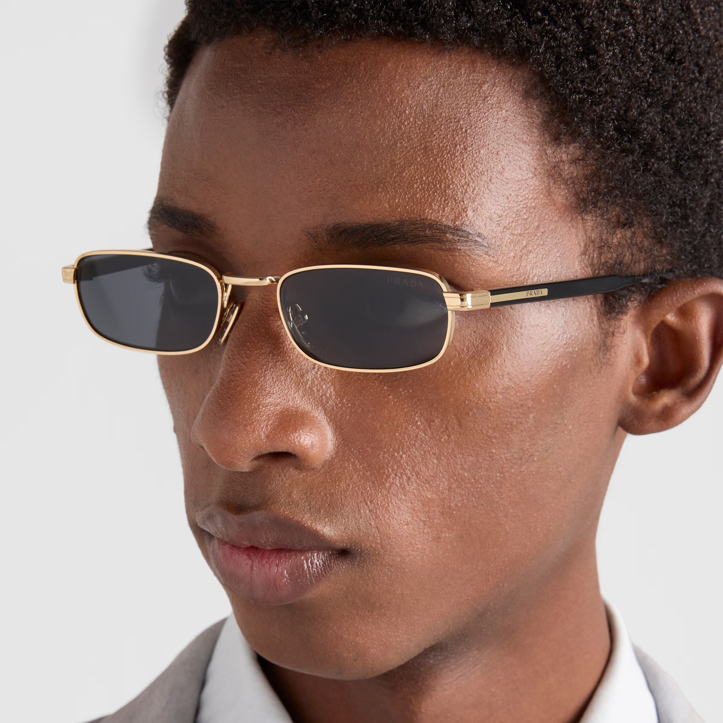 Prada Men Rectangular Frame Shiny Metallic Gold Sunglasses