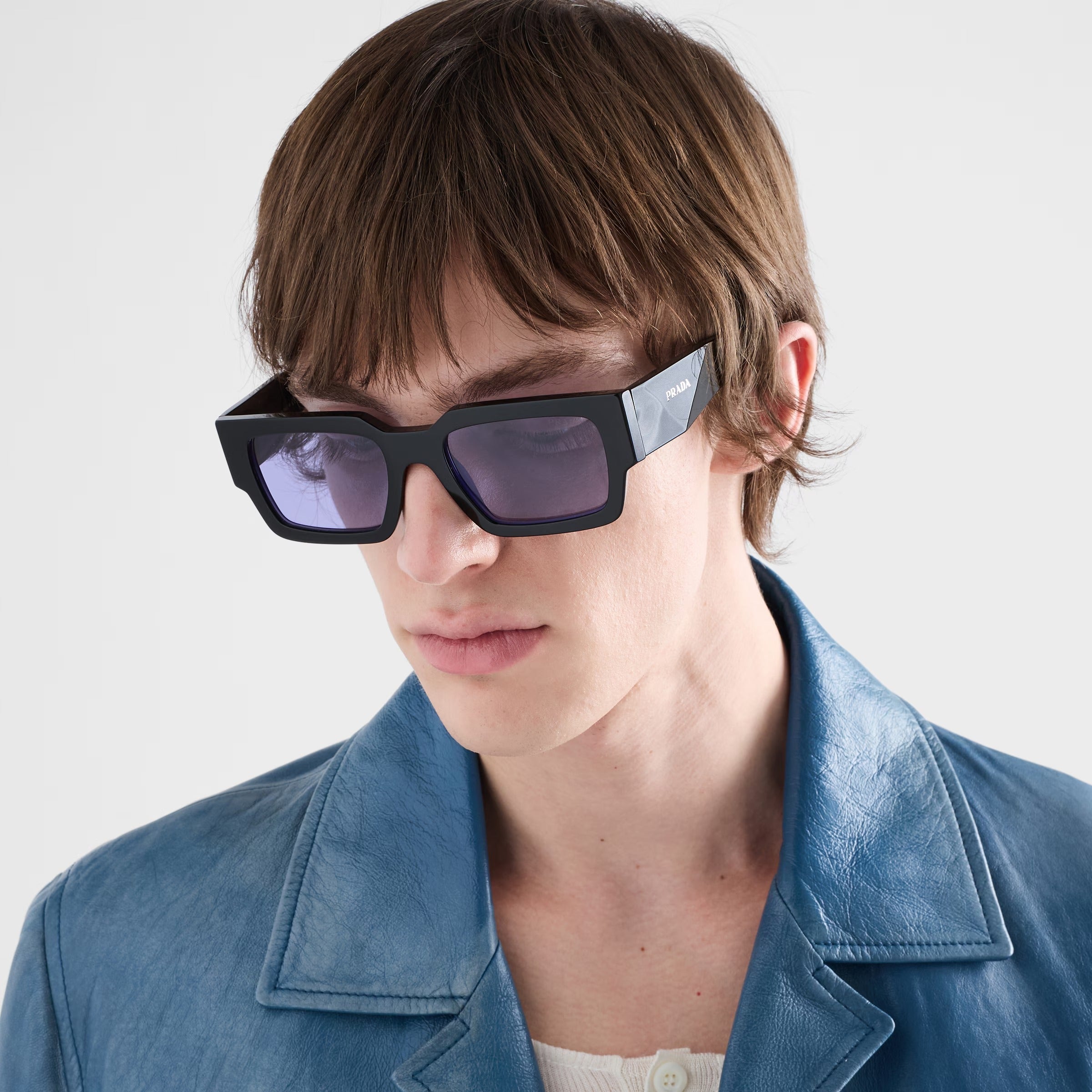 Prada Men Sqaure Frame Shiny Deep Black Sunglasses