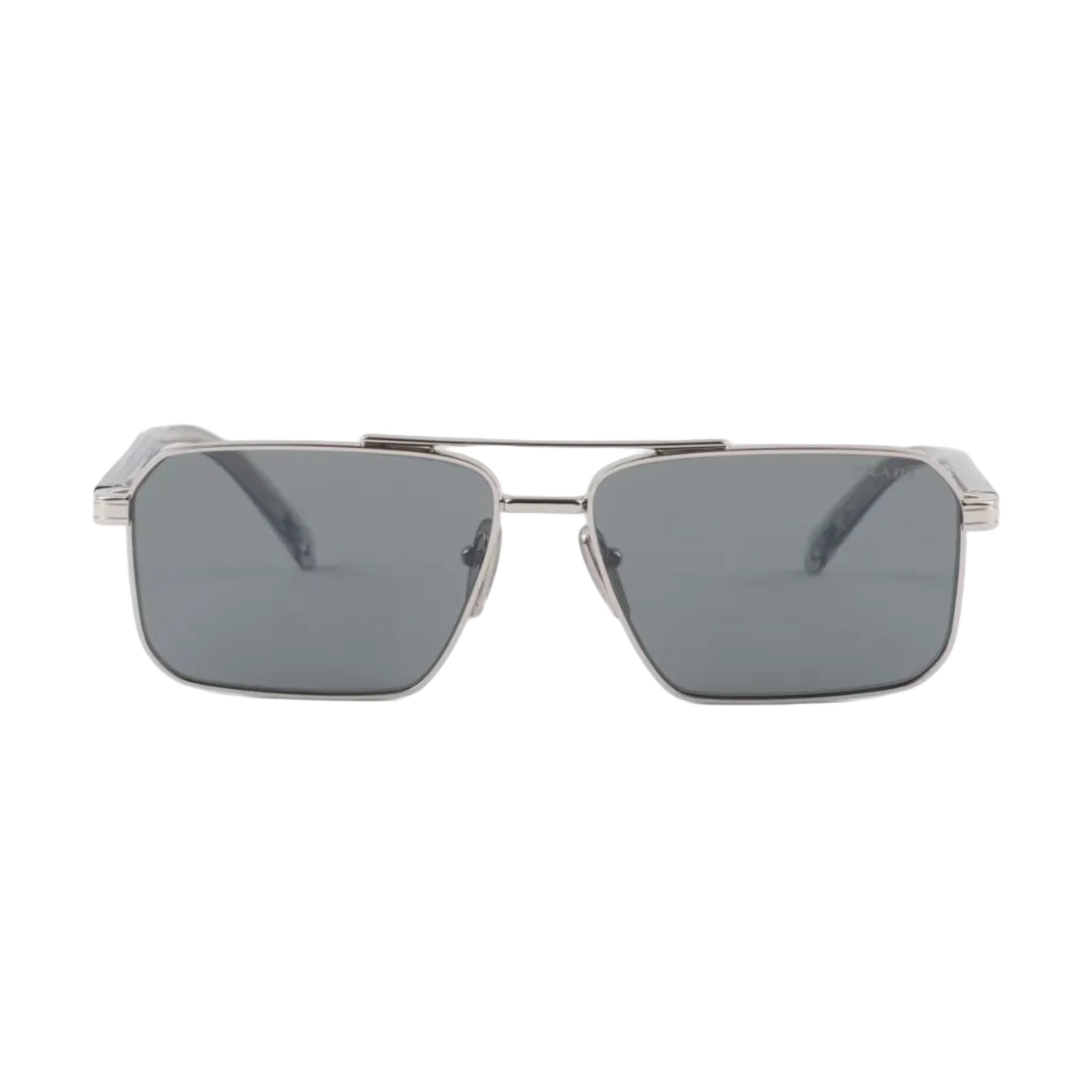 Prada Men Rectangular Frame Shiny Matte Silver Sunglasses