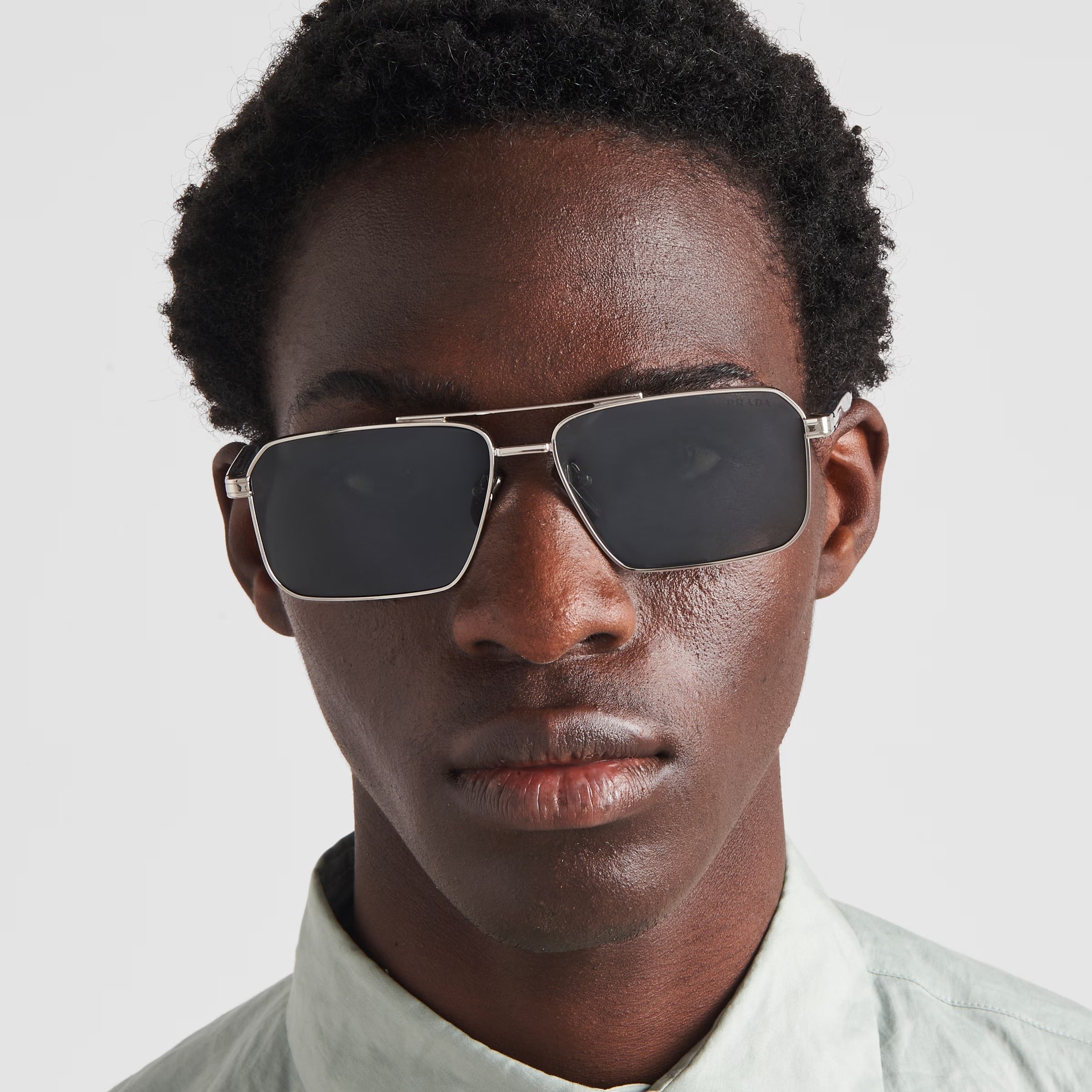 Prada Men Rectangular Frame Shiny Matte Silver Sunglasses