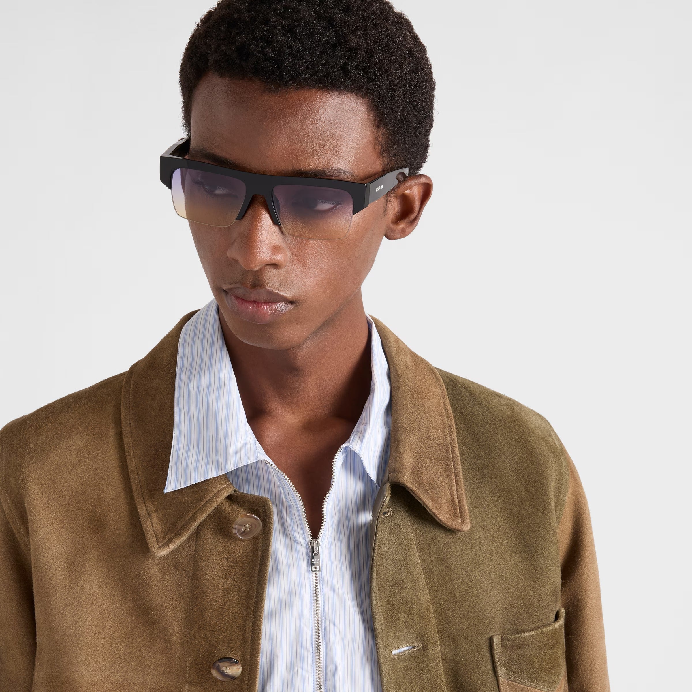 Prada Men Semi-rimless Frame Shiny Black Sunglasses