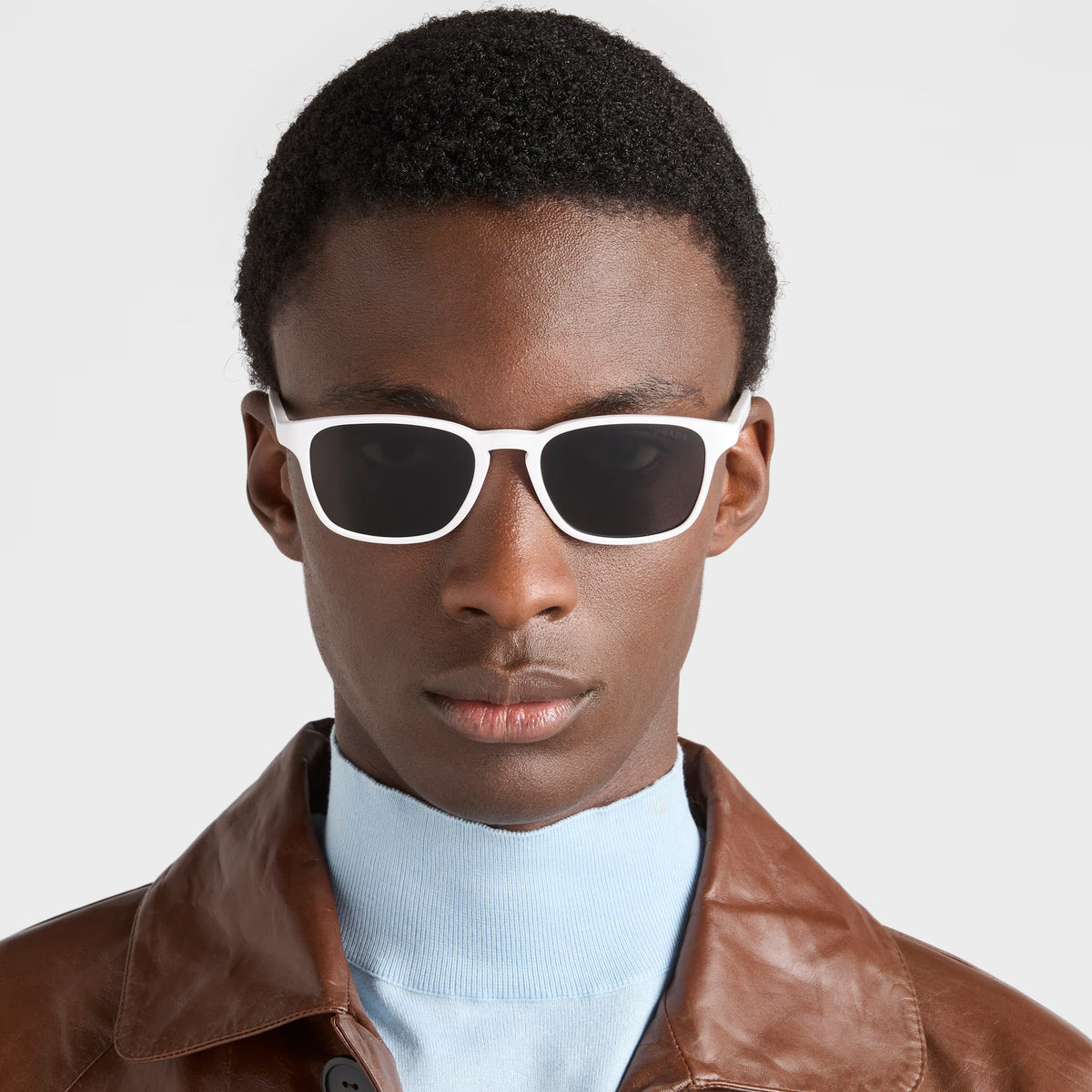 Prada Men Rectangular Frame Shiny White Sunglasses