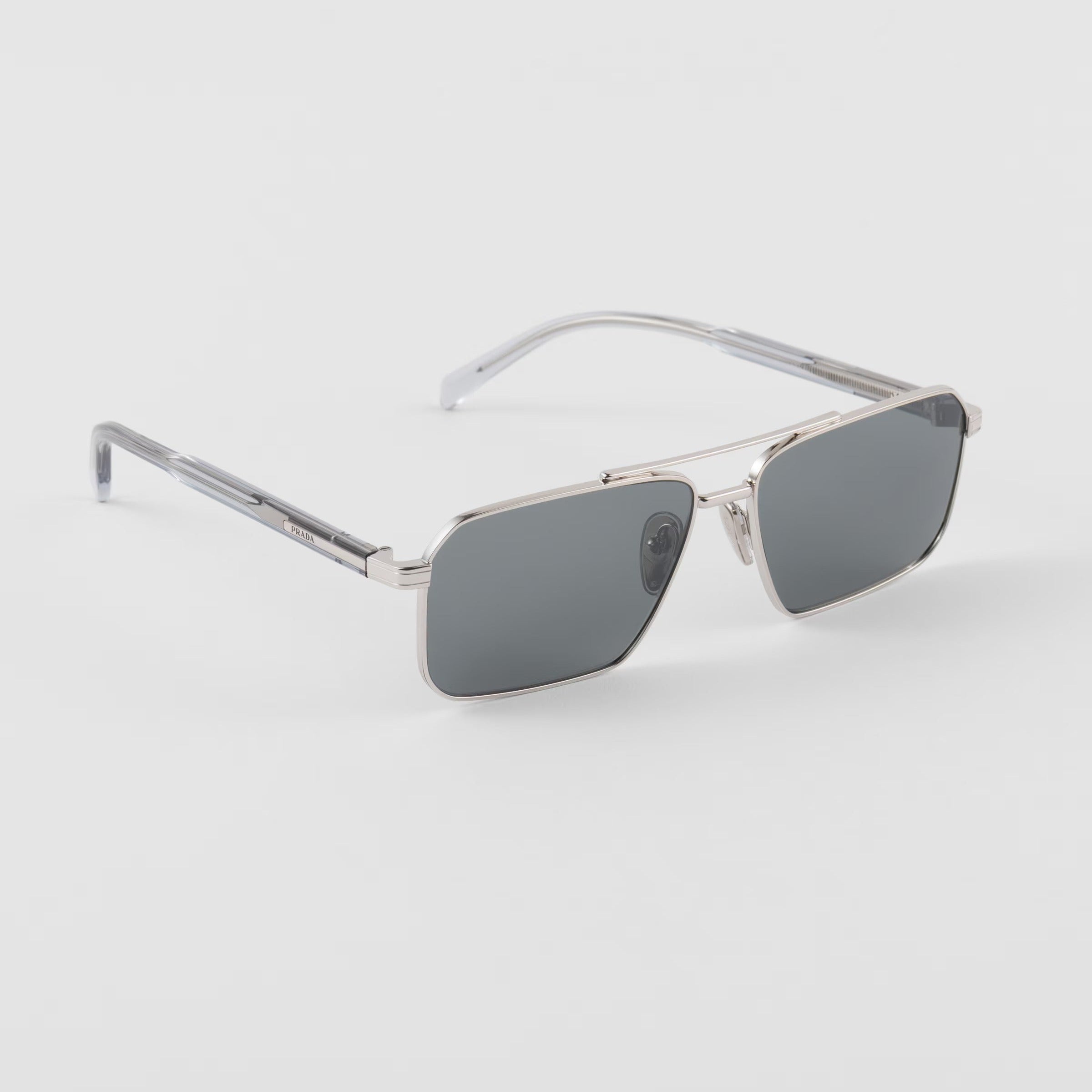 Prada Men Rectangular Frame Shiny Matte Silver Sunglasses