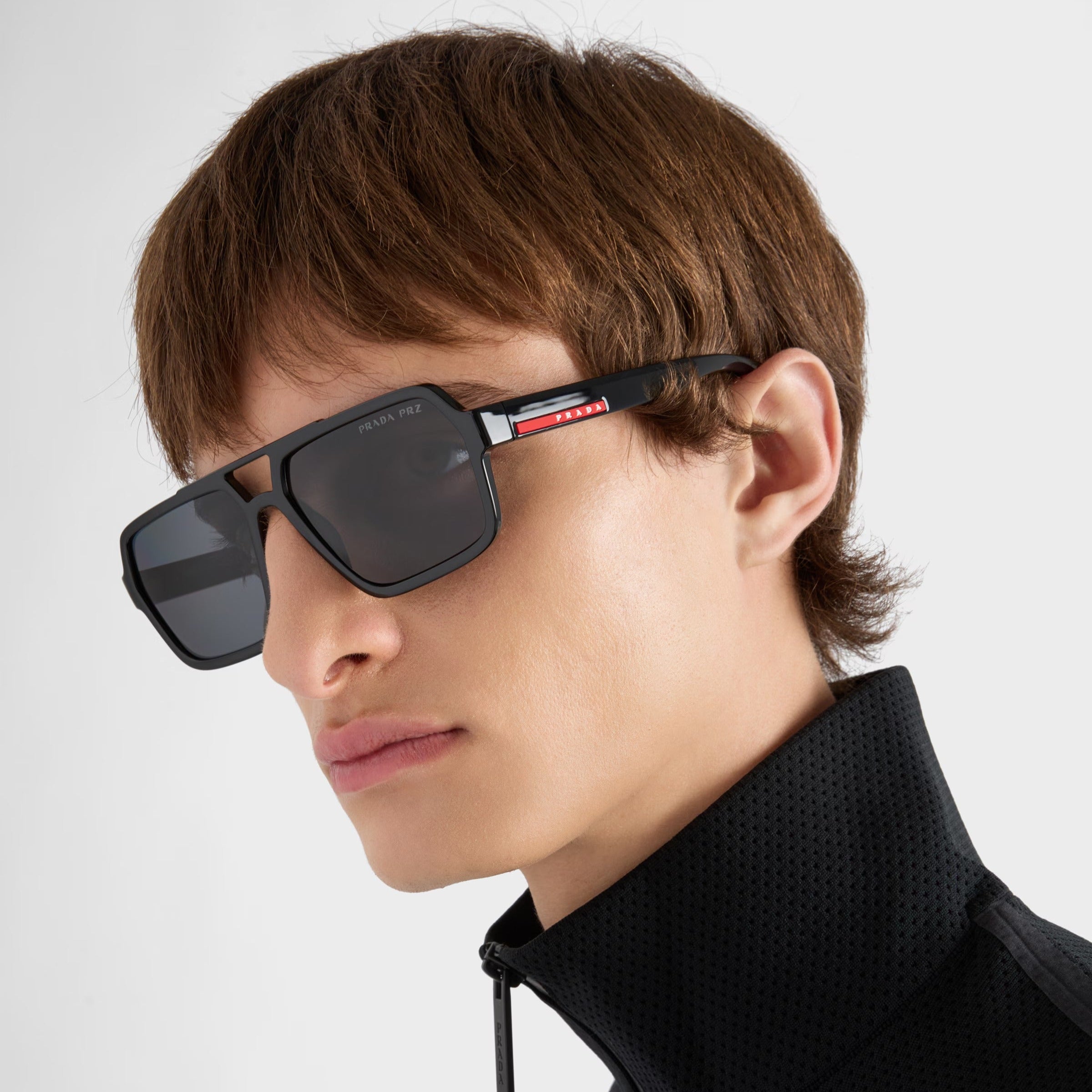 Prada Men Rectangular Frame Rubberized Black Sunglasses