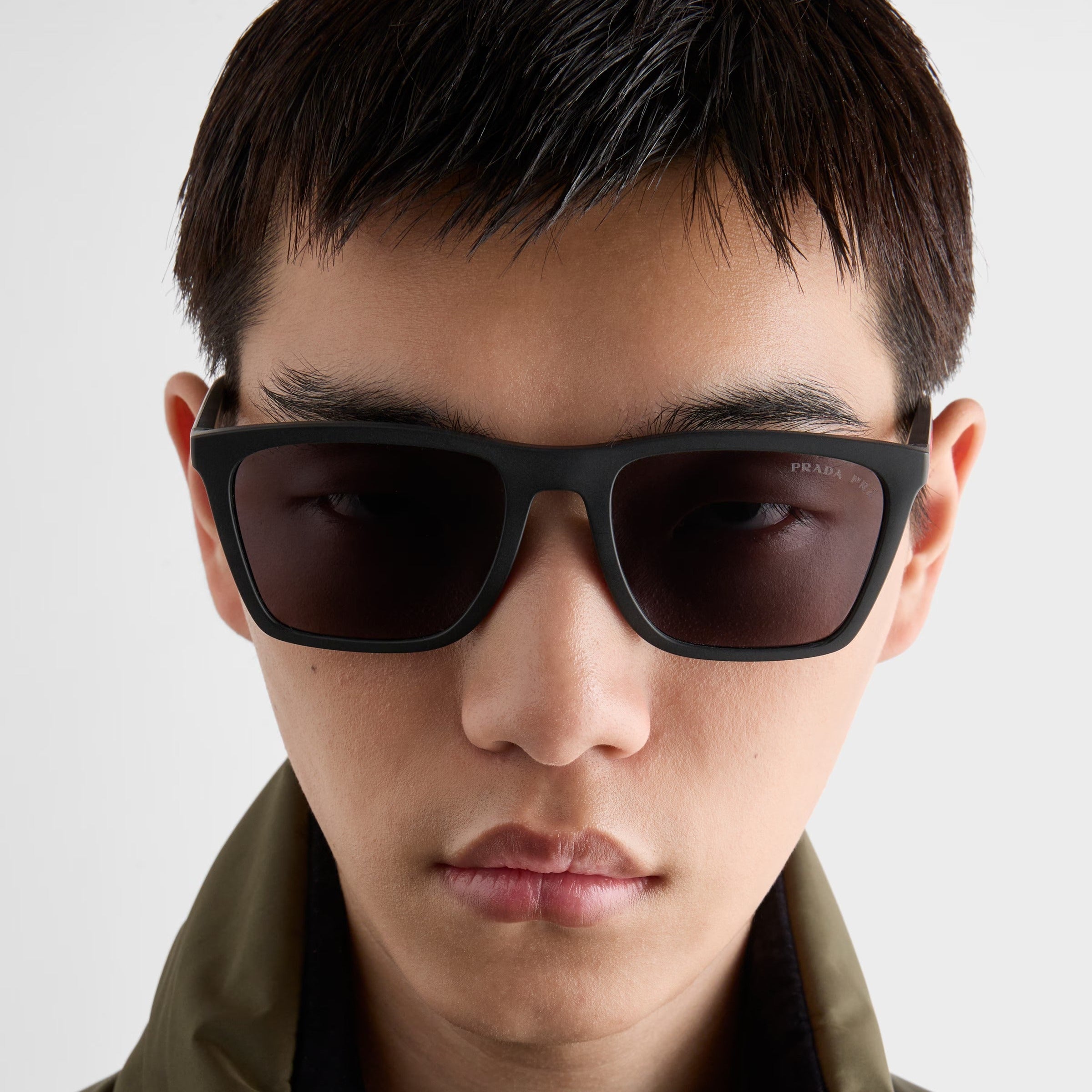 Prada Men Square Frame Shiny Opaque Black Sunglasses