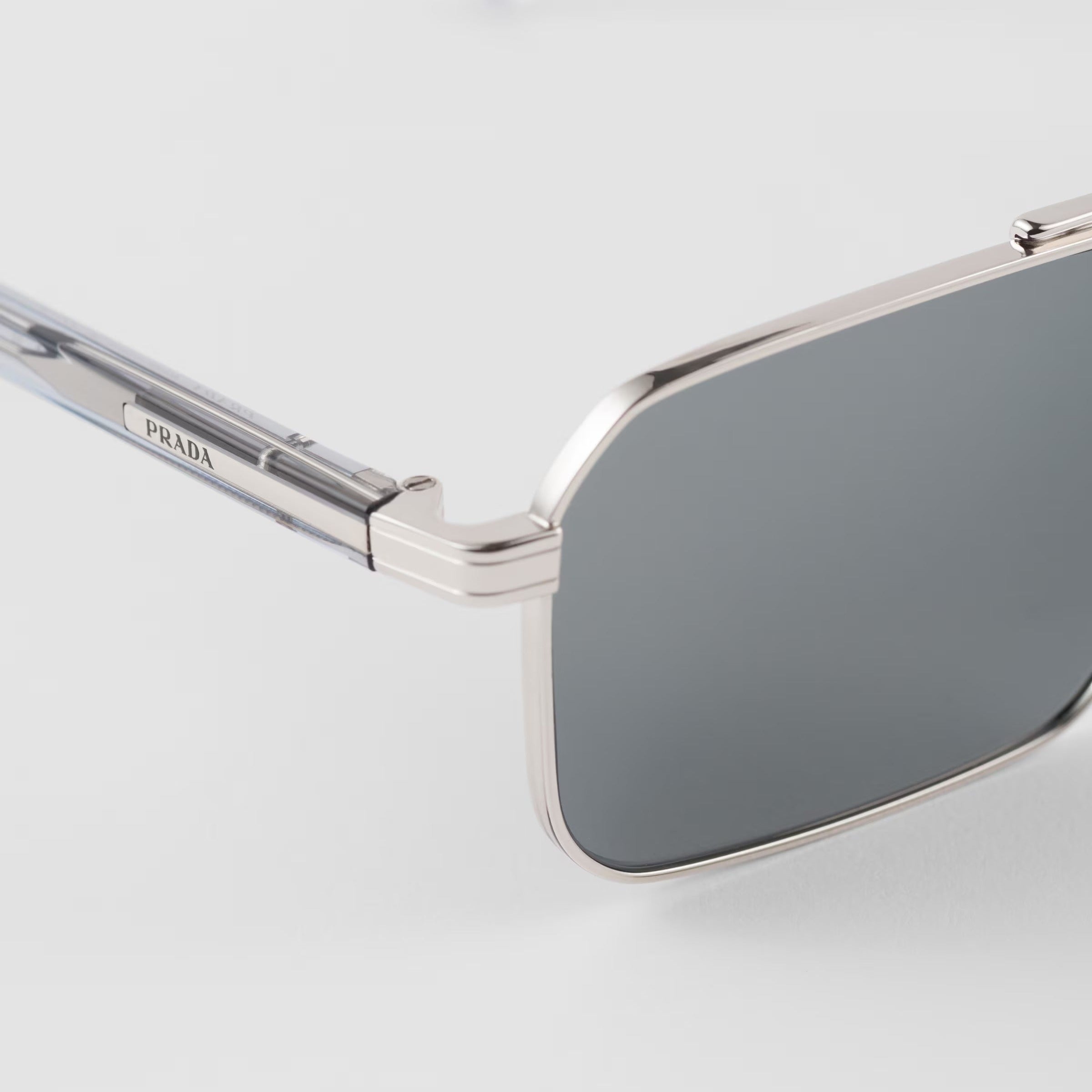 Prada Men Rectangular Frame Shiny Matte Silver Sunglasses