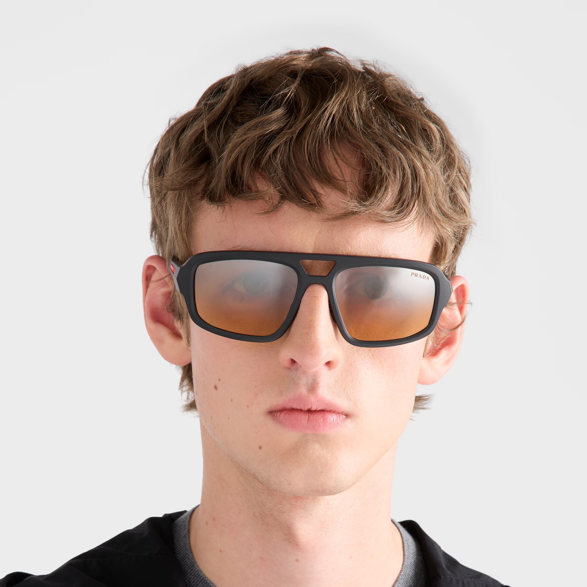 Prada Men Rectangular Frame Opaque Deep Black Sunglasses