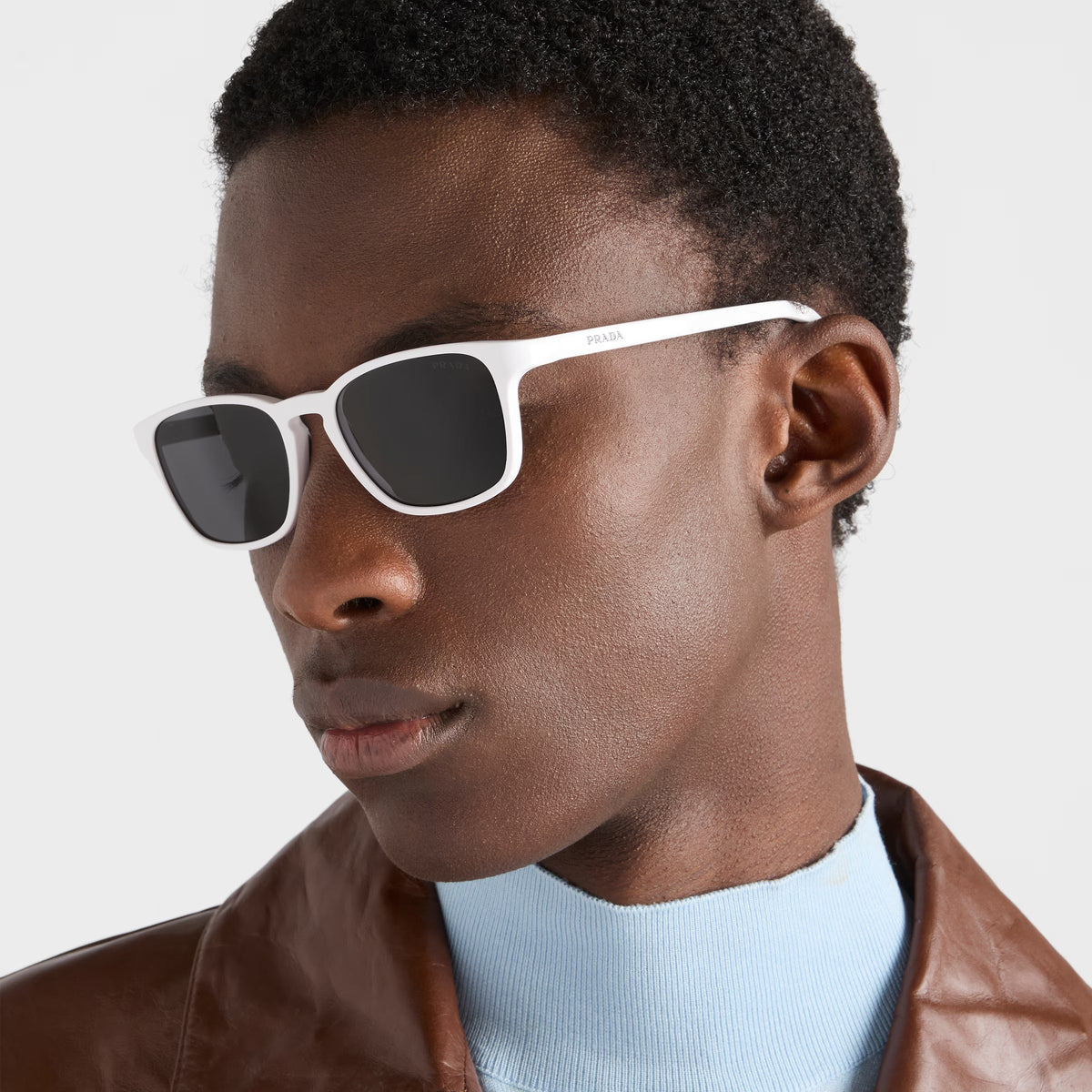 Prada Men Rectangular Frame Shiny White Sunglasses