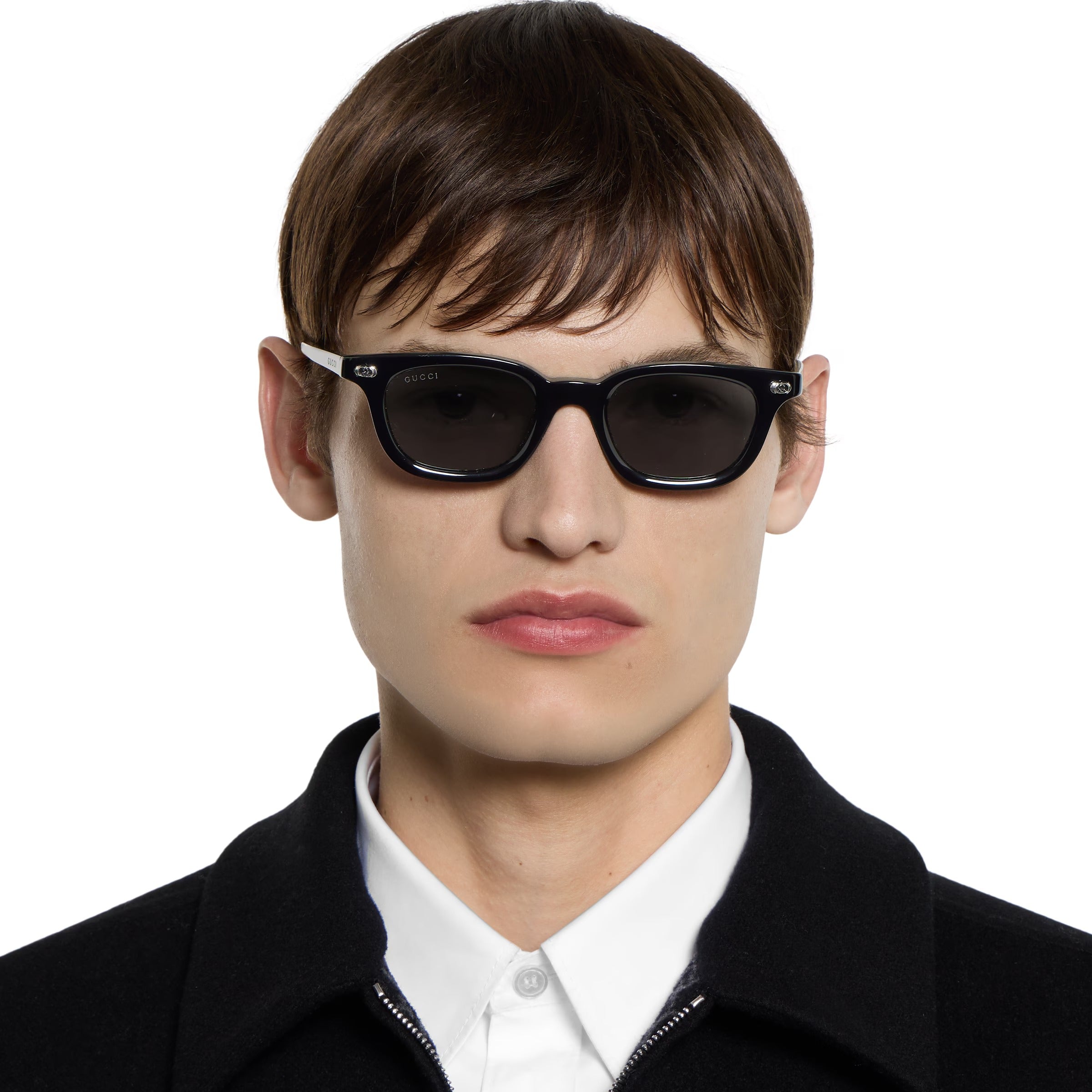 Gucci Men Oval Frame Polish Black Sunglasses