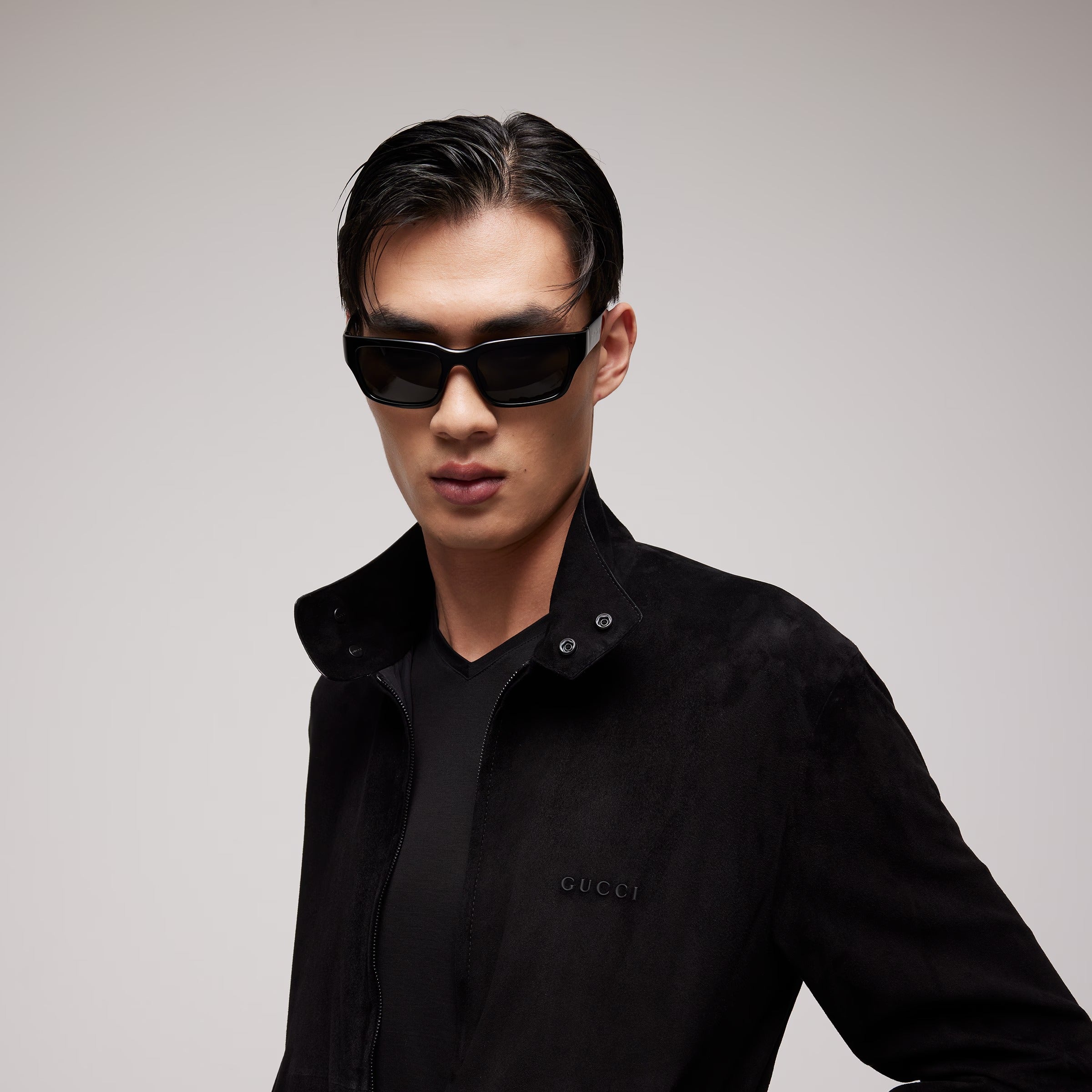 Gucci Men Rectangular Frame Deep Black Sunglasses