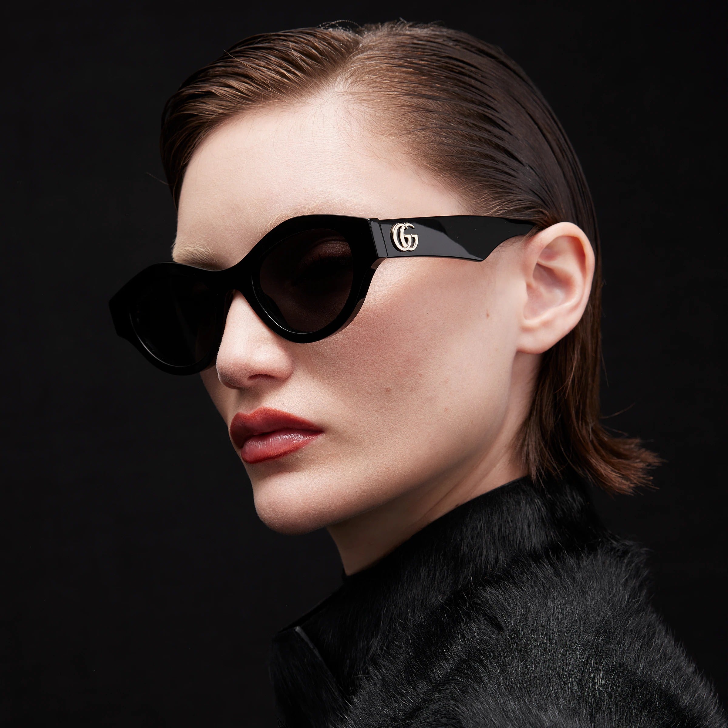 Gucci Women Cat-eye Frame Dark Black Sunglasses