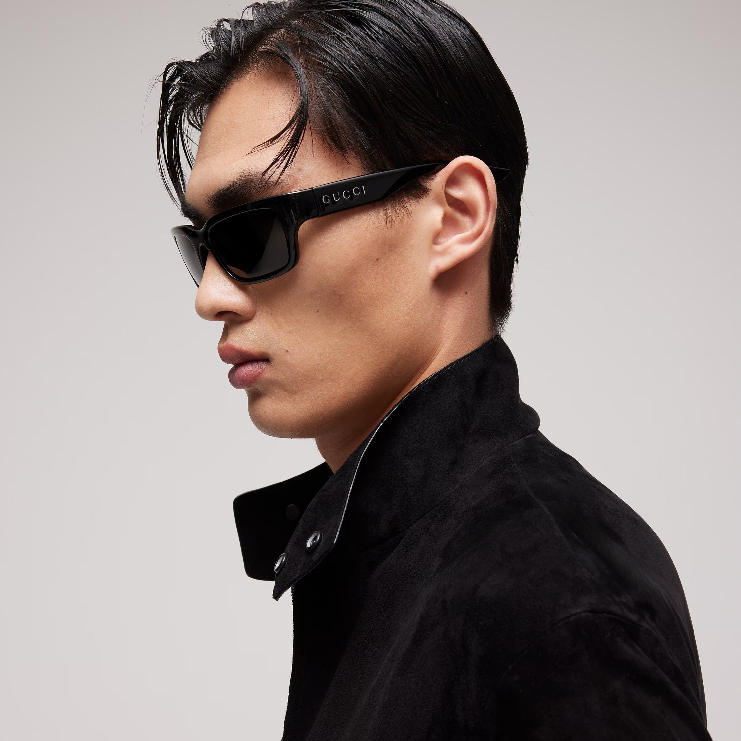Gucci Men Rectangular Frame Deep Black Sunglasses