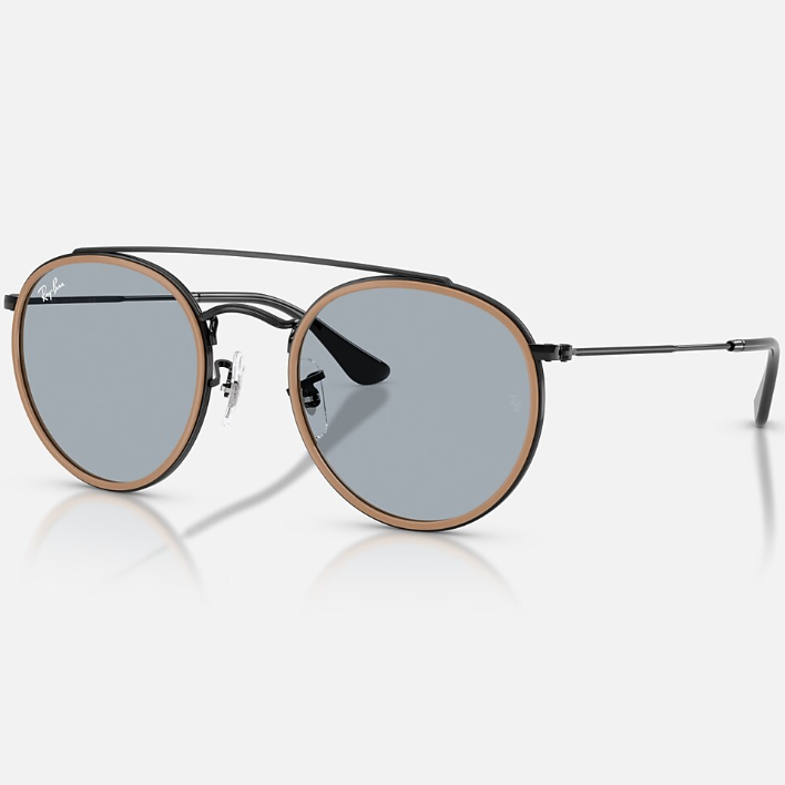 Ray Ban Men Round Frame Polished Black Sunglasses