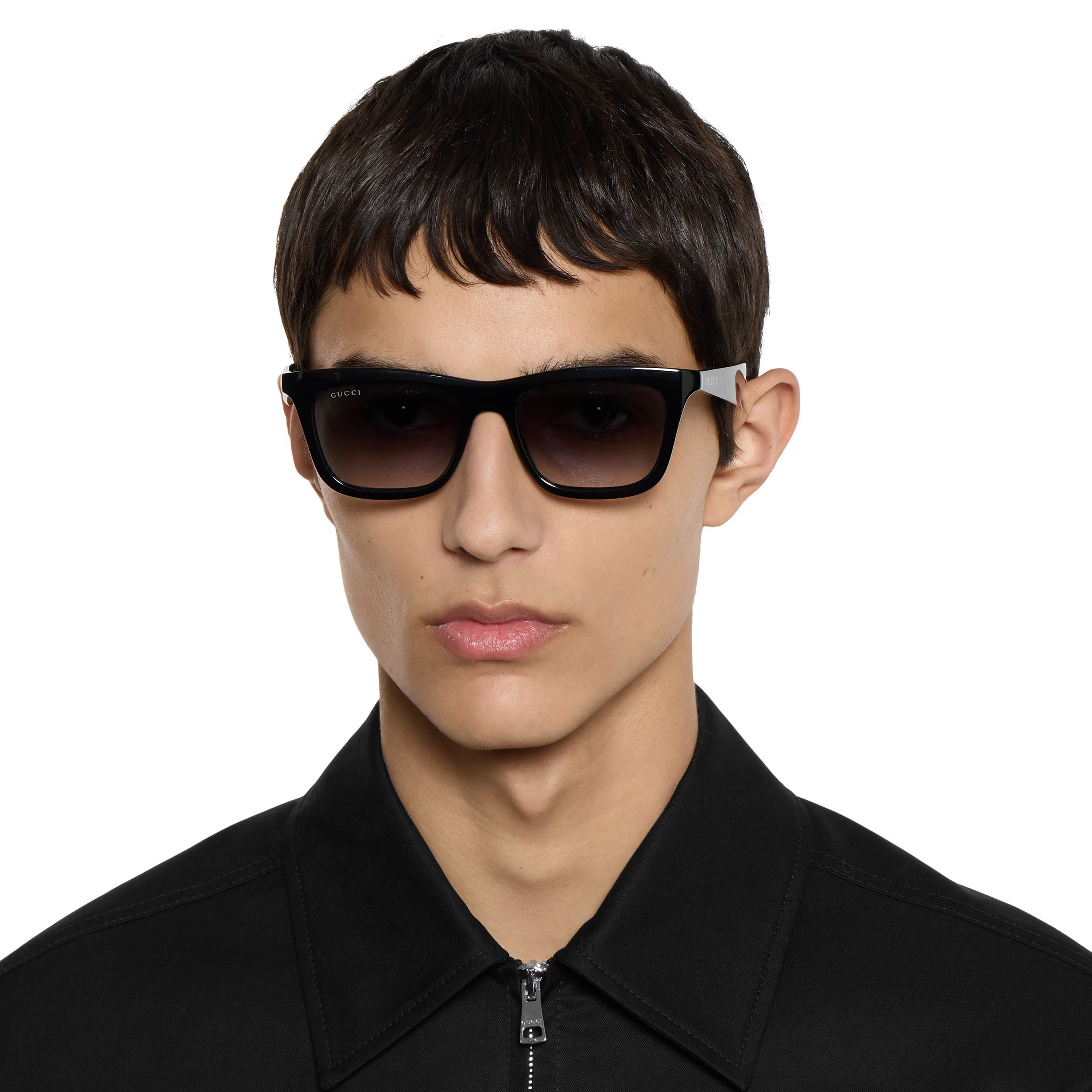 Gucci Men Rectangular Frame Shiny Black Sunglasses
