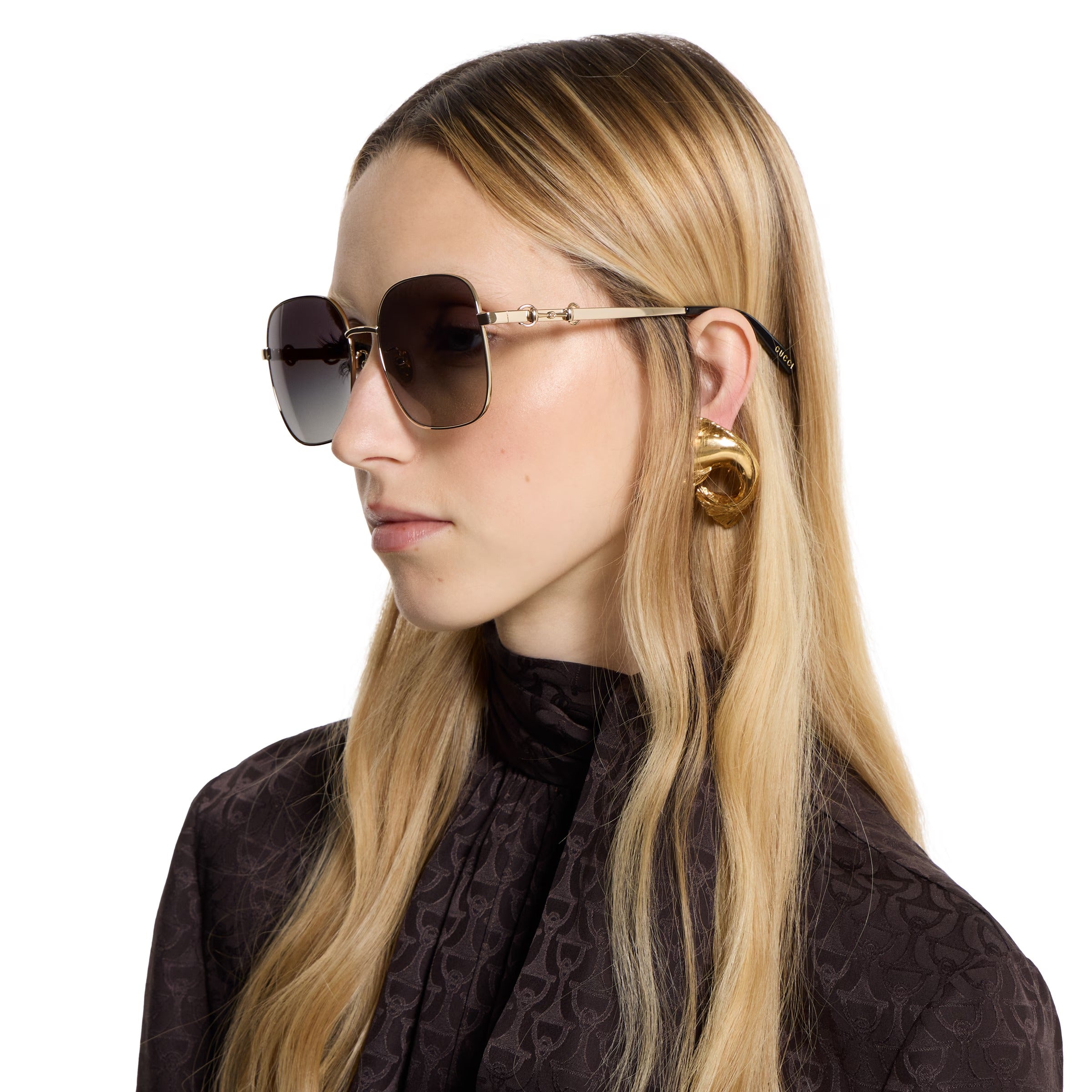 Gucci Women Square Frame Gold Tone Sunglasses