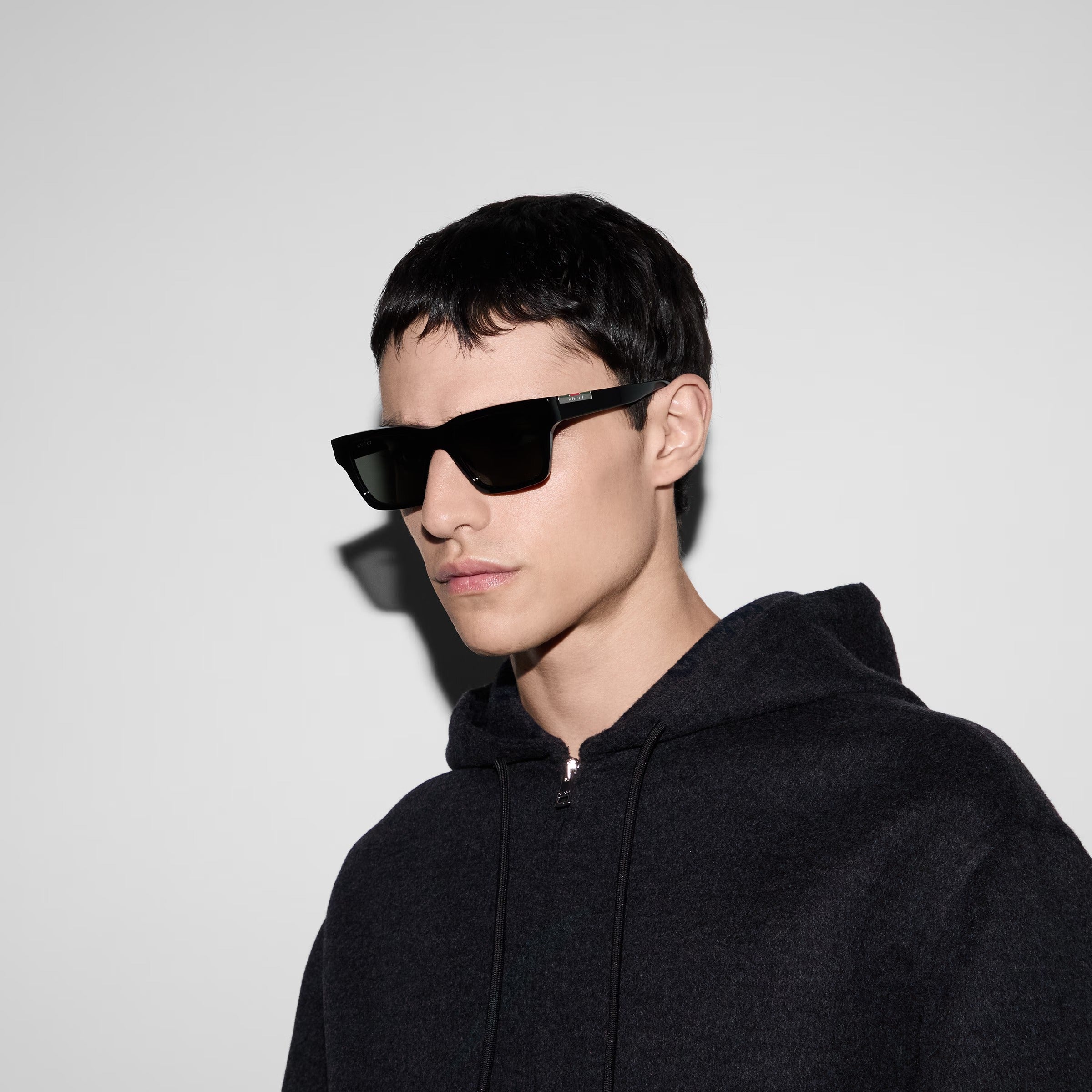 Gucci Men Rectangular Frame Deep Shiny Black Sunglasses