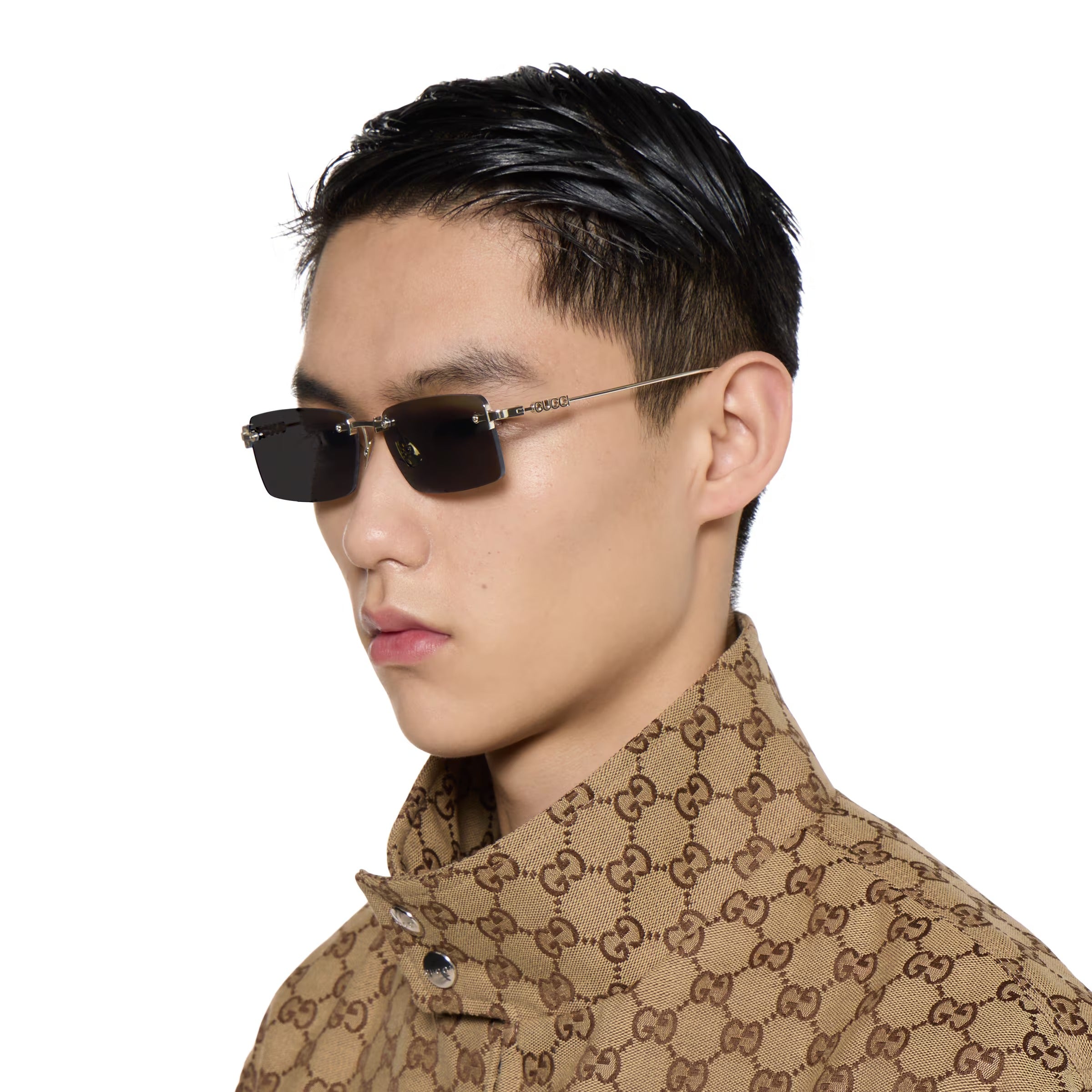 Gucci Men Rectangular Frame Shiny Gold Sunglasses