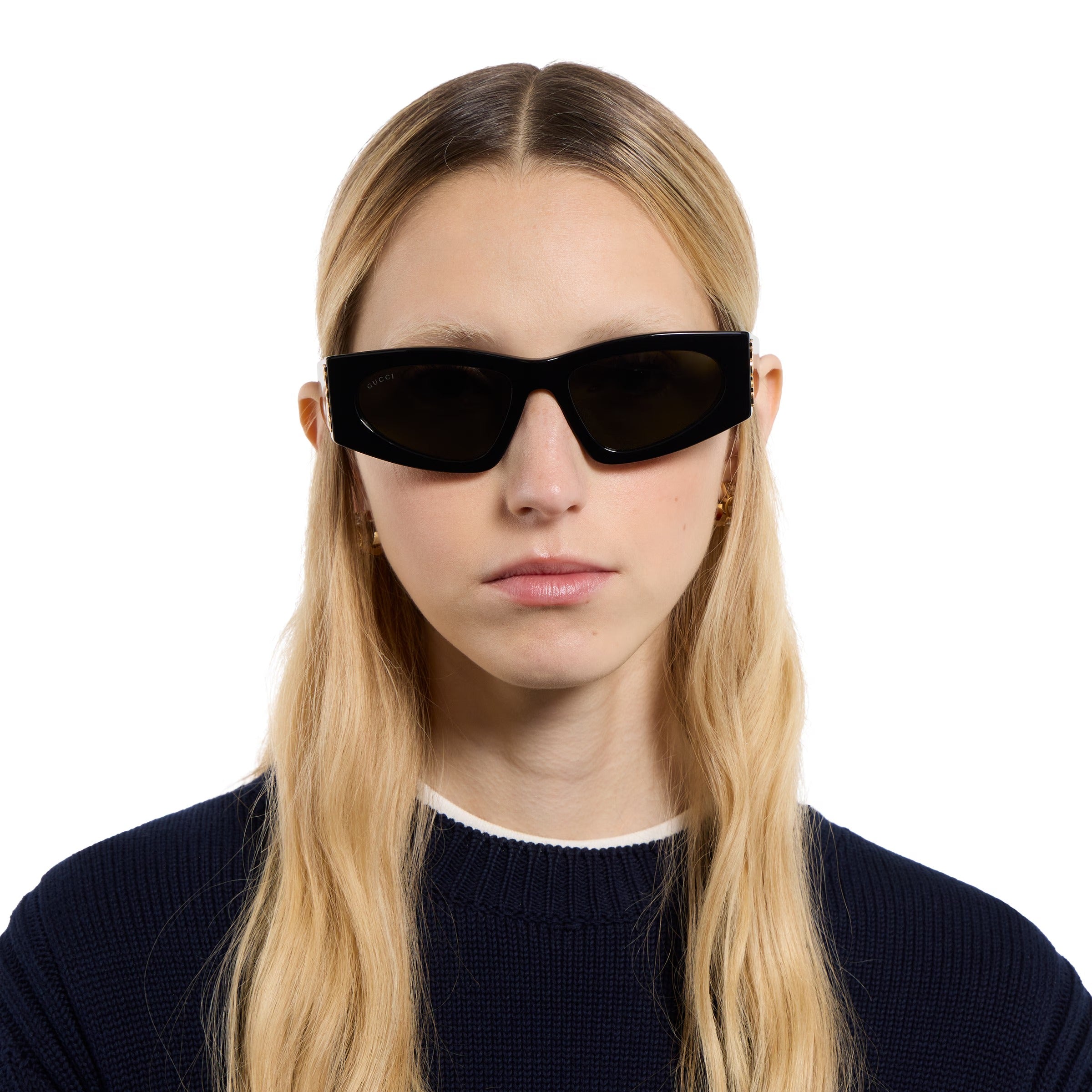 Gucci Women Rectangular Frame Deep Shiny Black Sunglasses