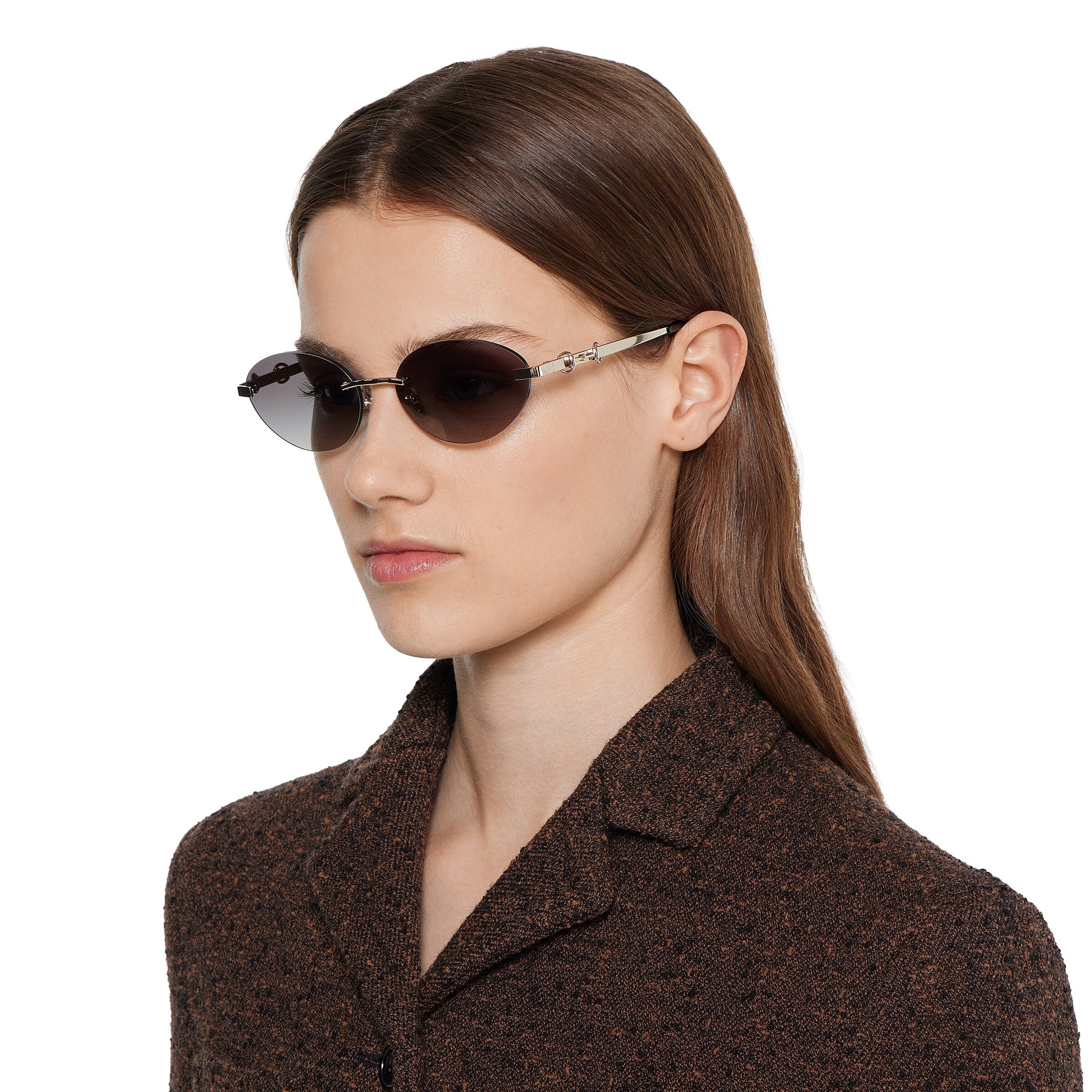 Gucci Women Frameless Oval Frame Gold Toned Sunglasses