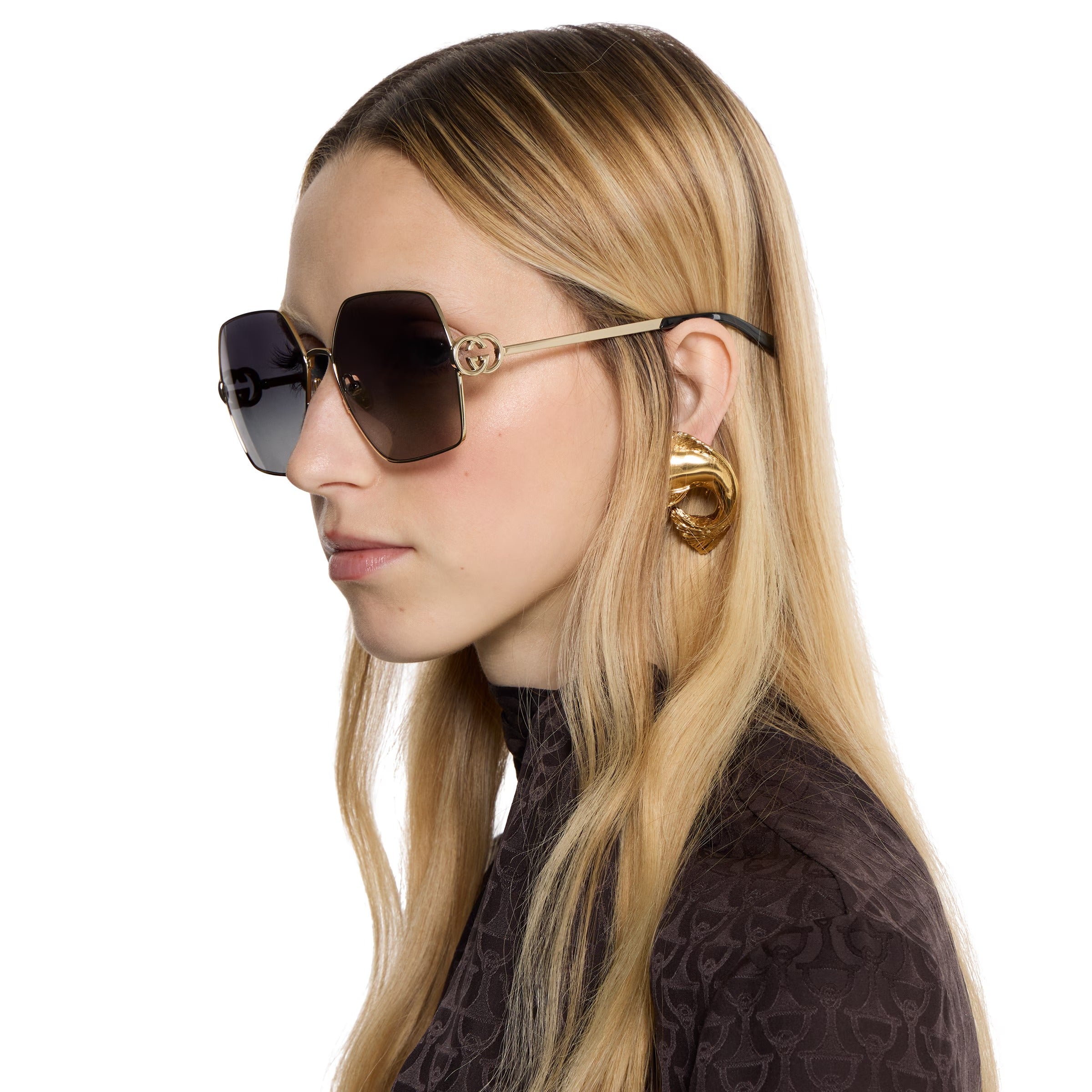Gucci Women Oval Frame Shiny Gold Toned Sunglasses