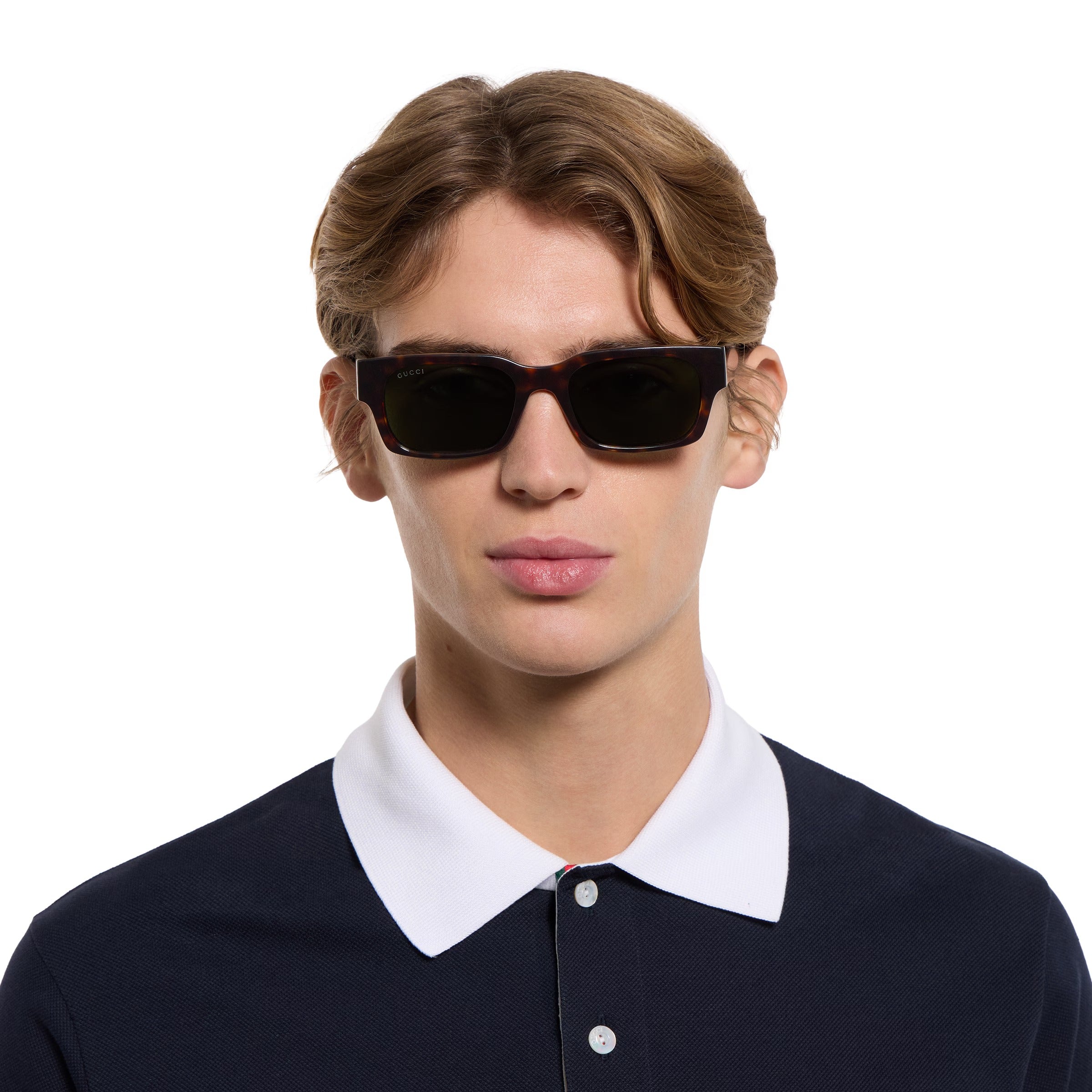 Gucci Men Rectangular Frame Dark Brown Tortoises Sunglasses