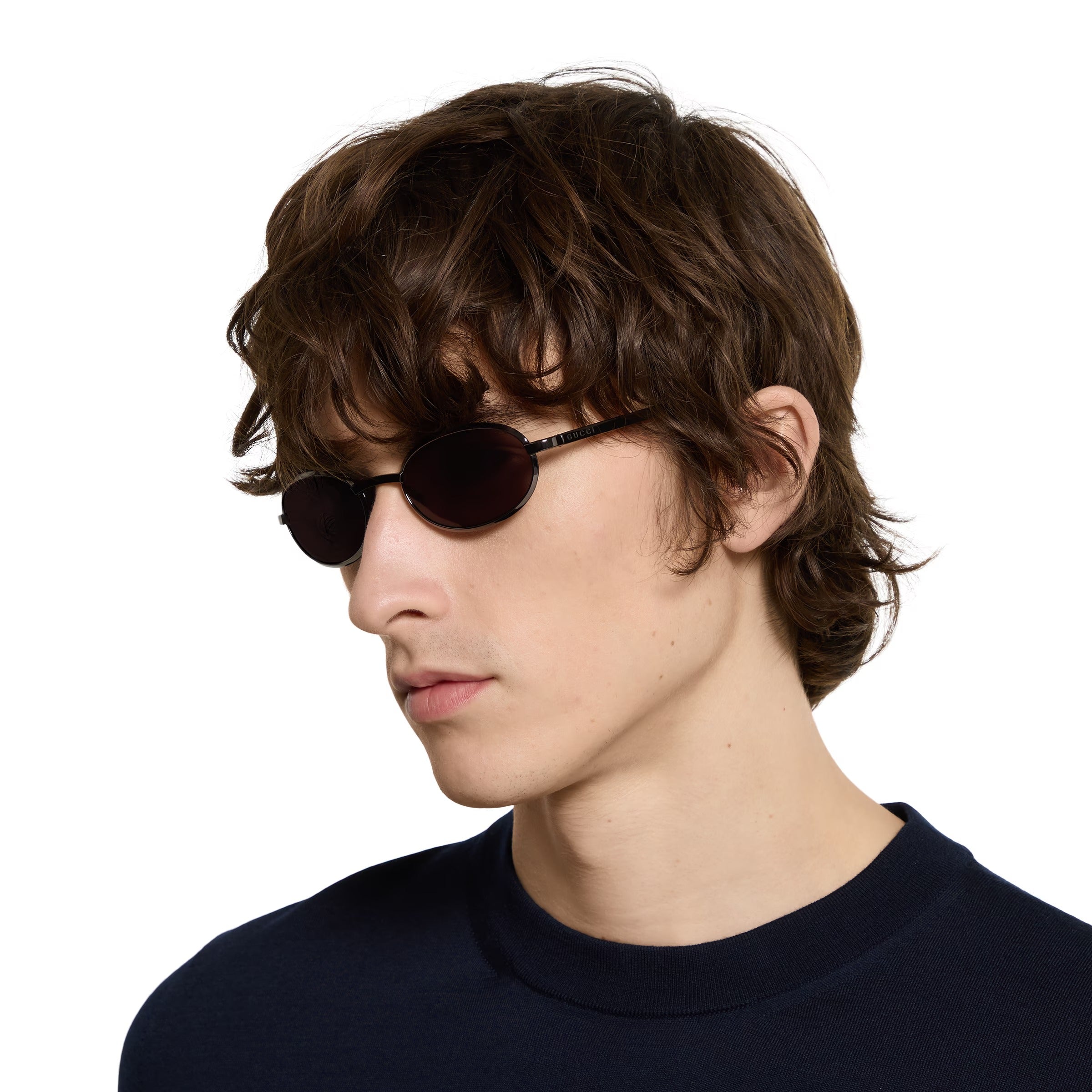 Gucci Men Oval Frame Ruthenium-Tone Sunglasses