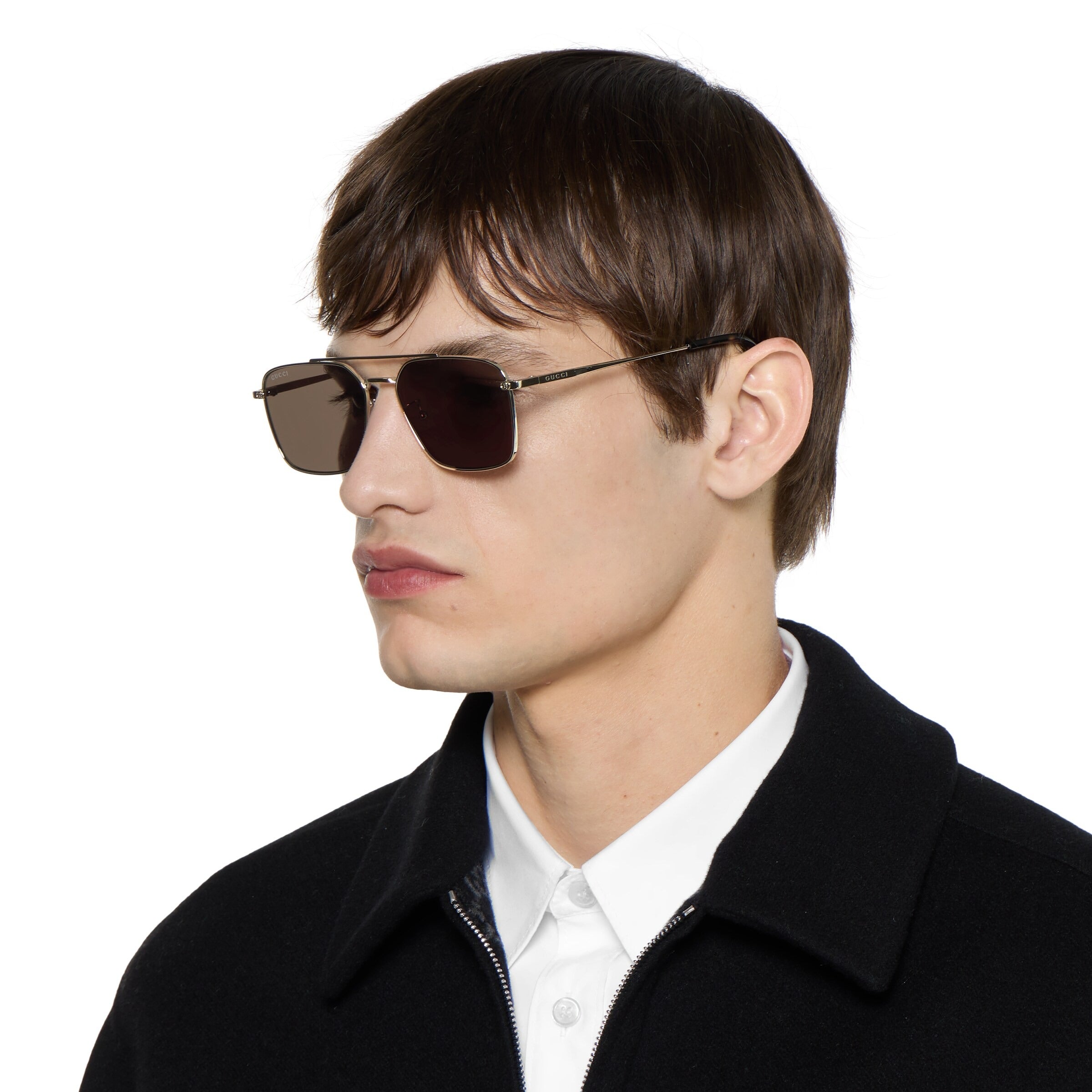 Gucci Men Specialized Fit Rectangular Frame Shiny Gold Sunglasses