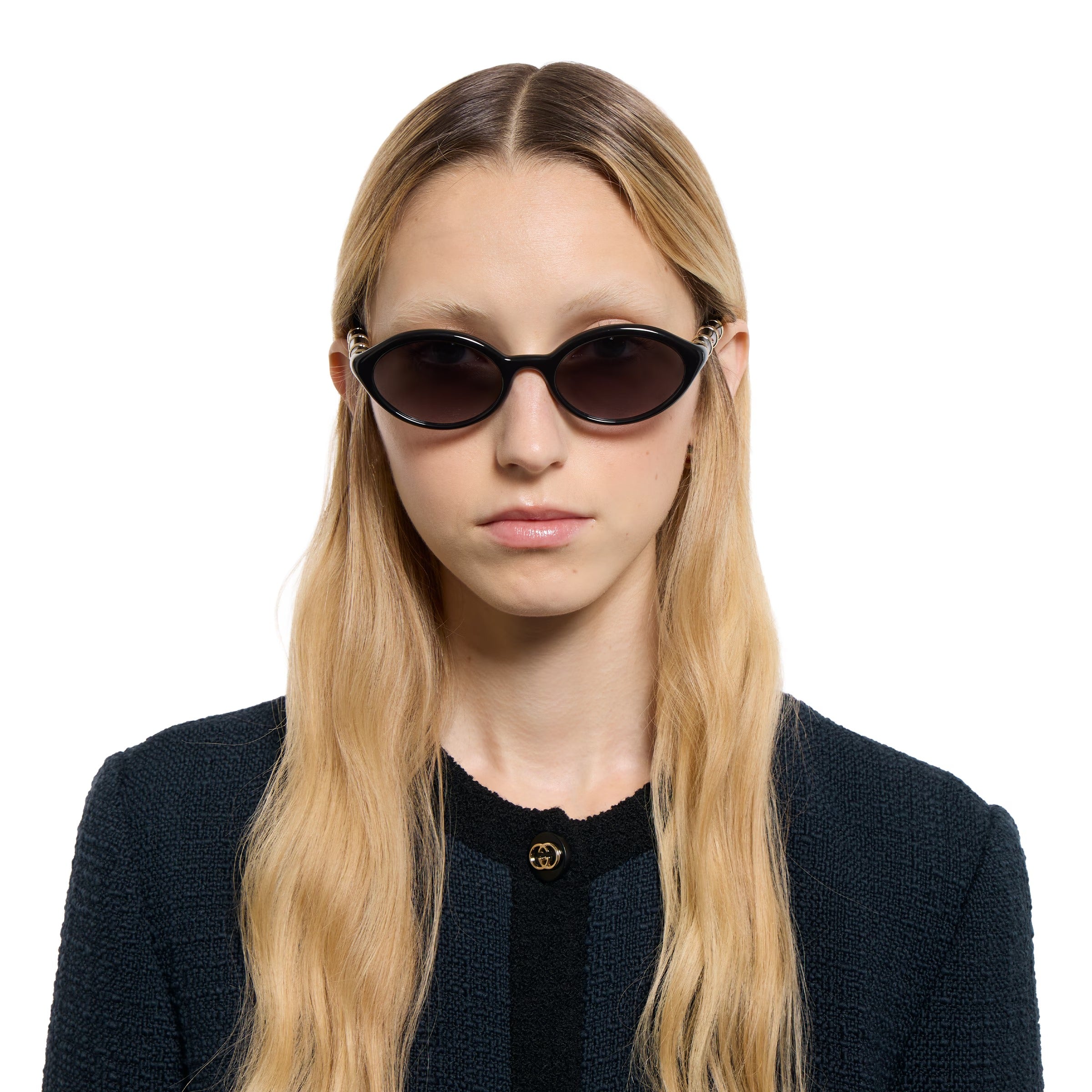 Gucci Women Oval Frame Shiny Matt Black Sunglasses