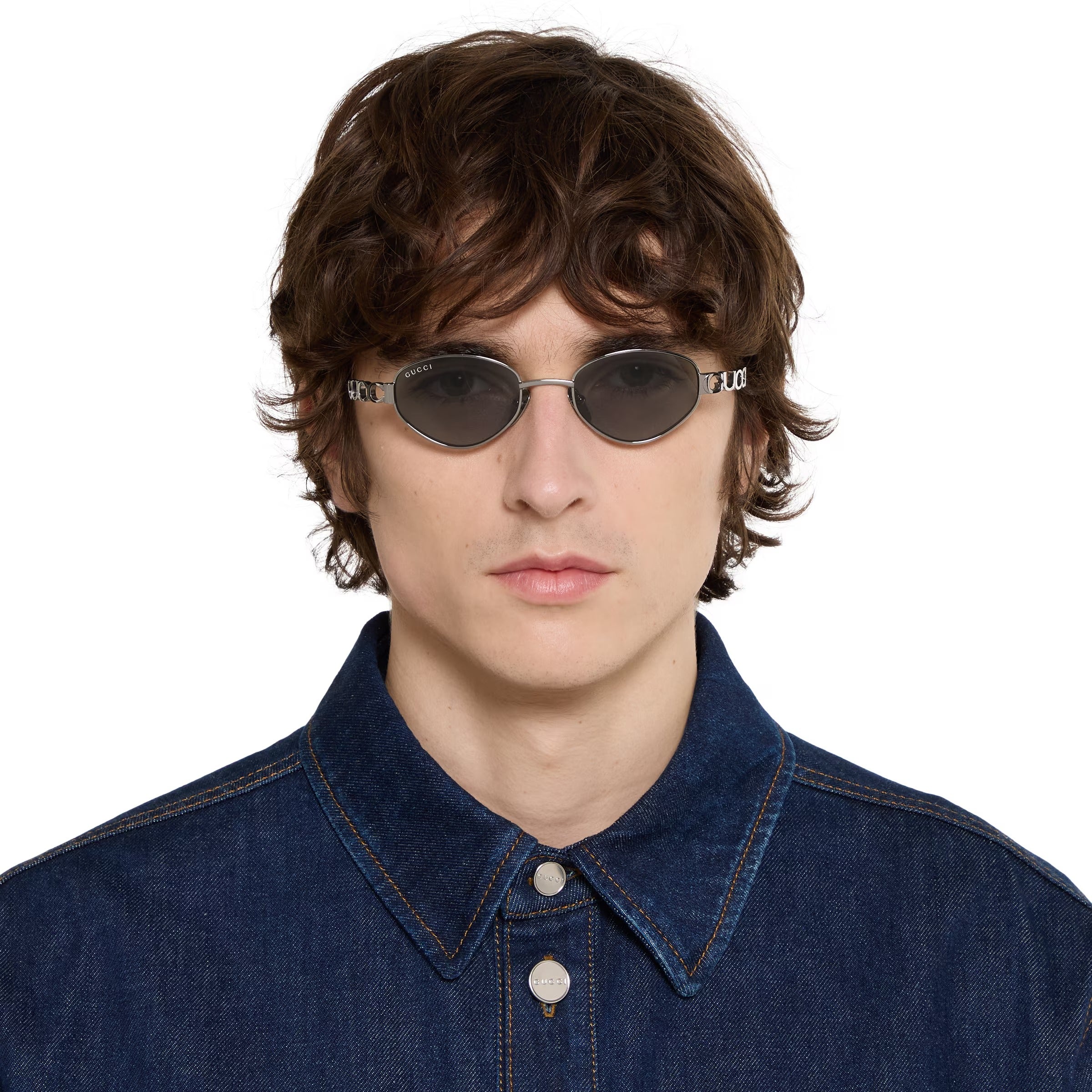 Gucci Men Oval Frame Silver Sunglasses