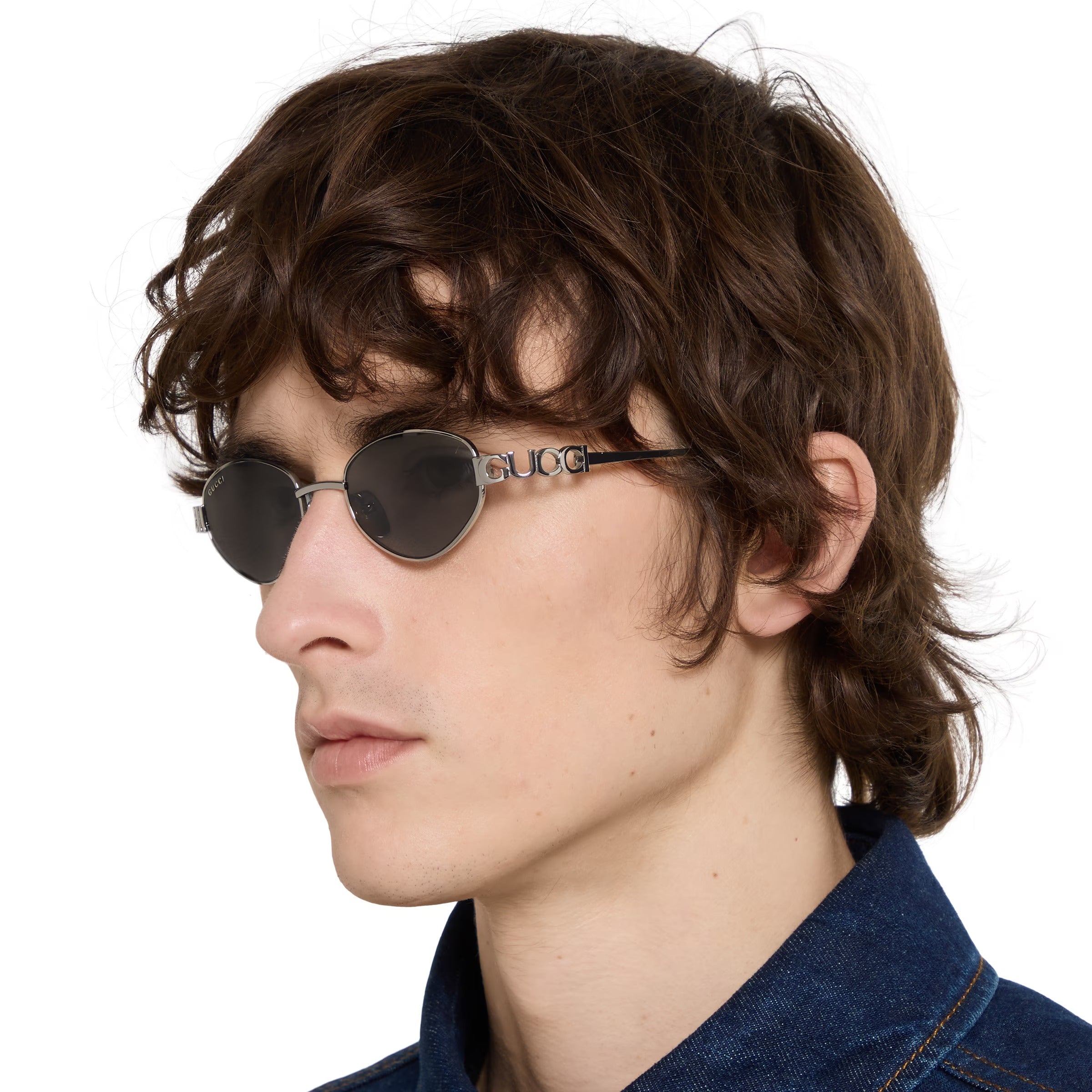 Gucci Men Oval Frame Silver Sunglasses
