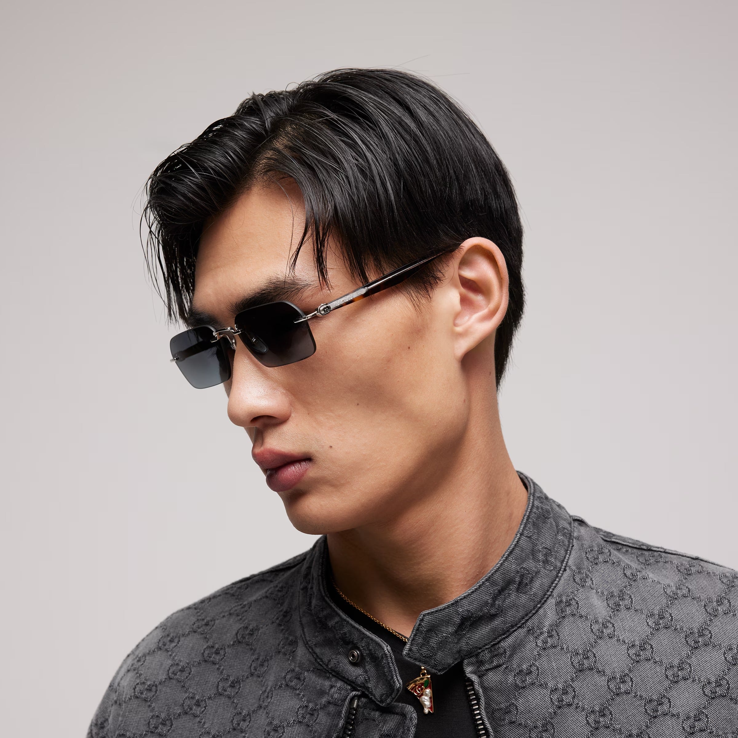 Gucci Men Rectangular Frame Silver Sunglasses