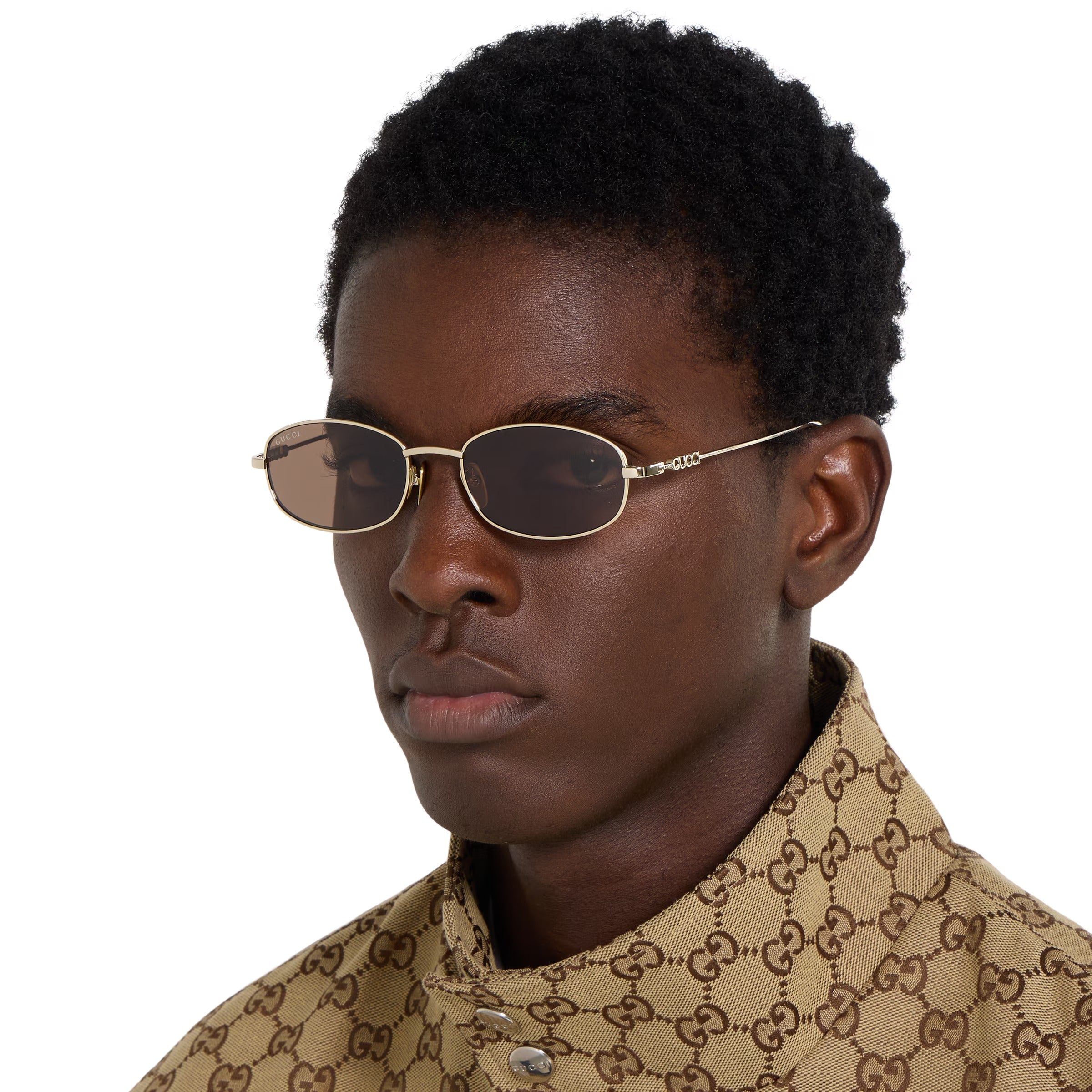 Gucci Men Oval Frame Light Gold Sunglasses