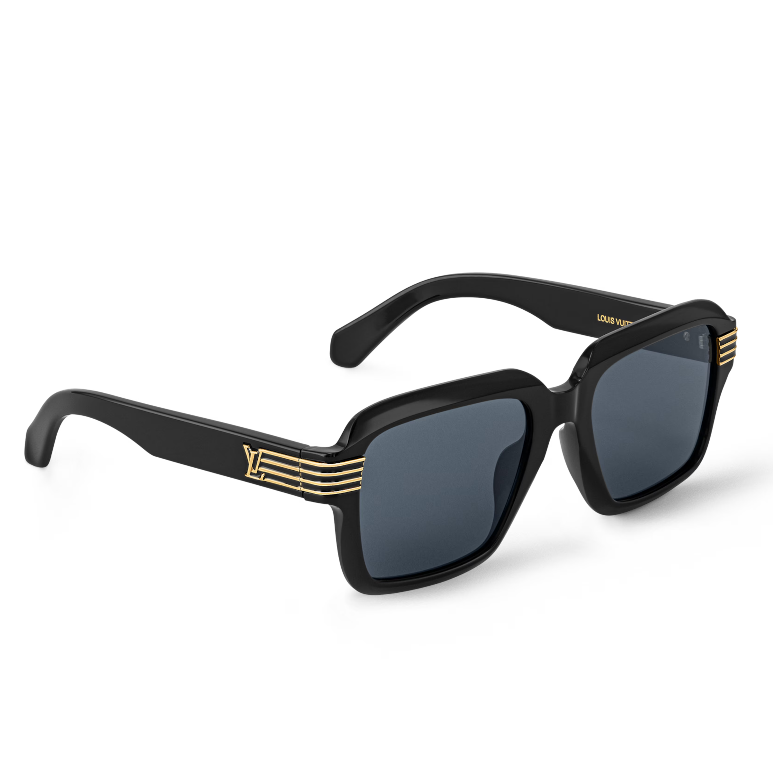 Louis Vuitton Men Round Sqaure Frame Shiny Deep Black Sunglasses