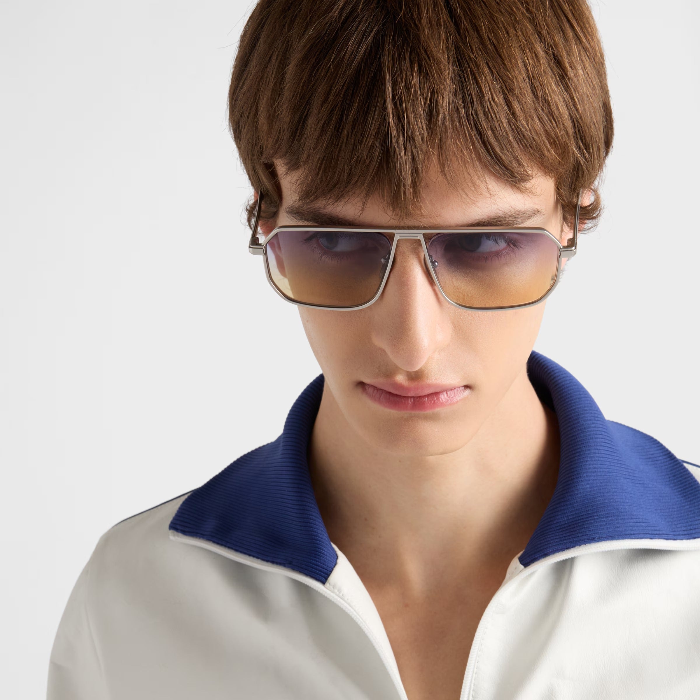Prada Men Geometric Frame Opaque Steel Gray Sunglasses