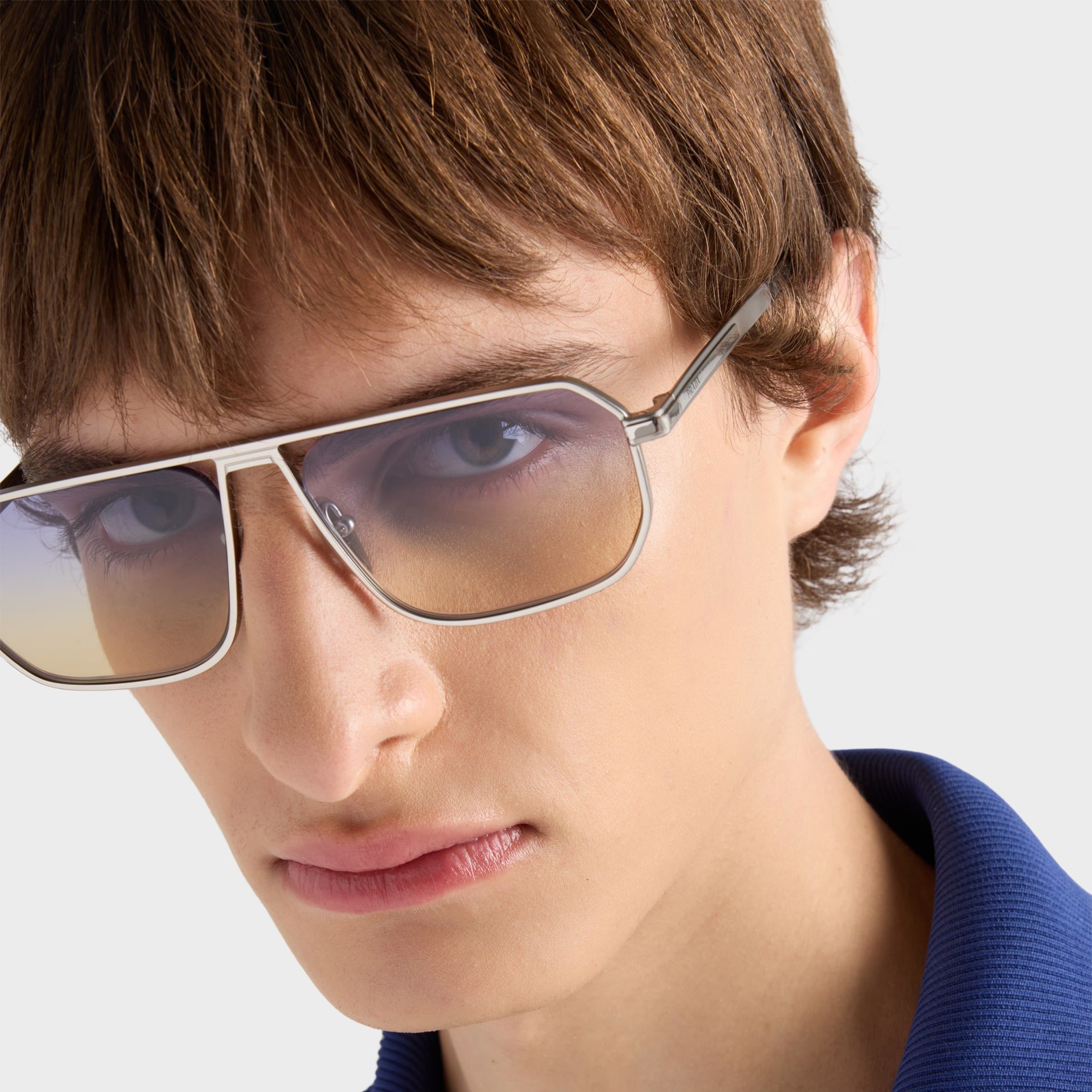 Prada Men Geometric Frame Opaque Steel Gray Sunglasses