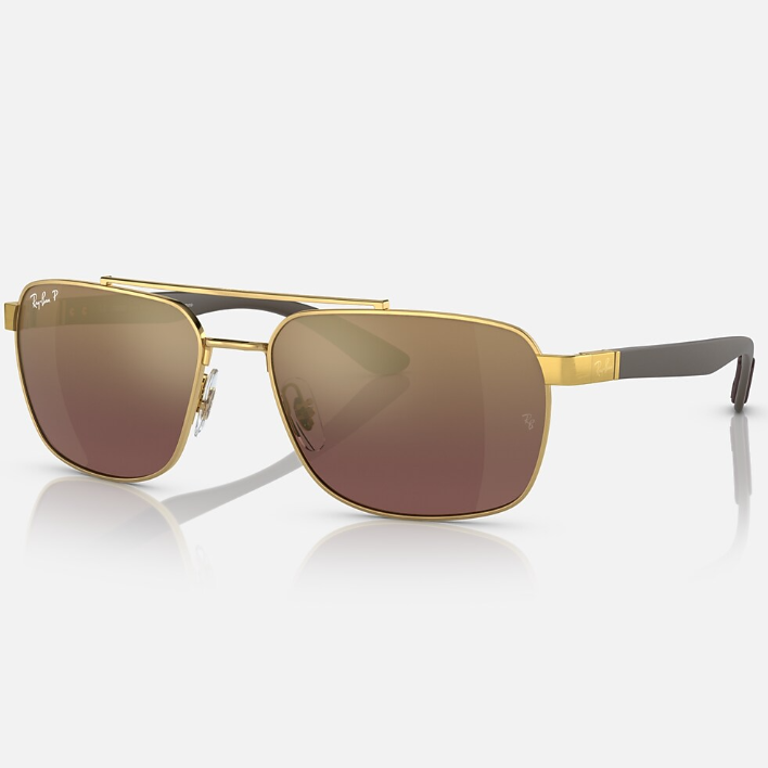 Ray Ban Men Rectangle Frame Shiny Matte Polished Gold Sunglasses